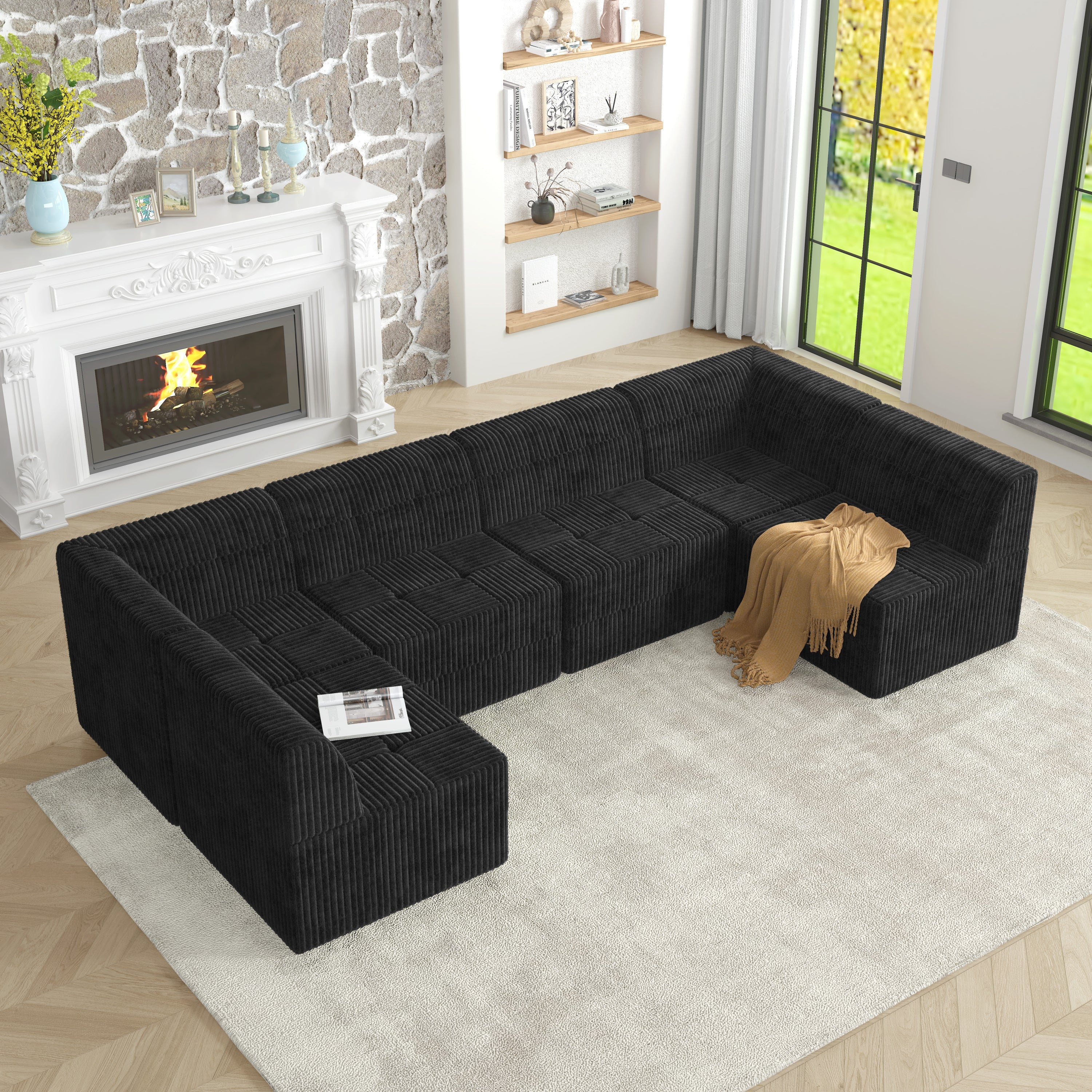 U shape Modular Sectional Sofa, Compressed Sectional Sofa Modern Minimalist Style Corduroy Couch, Sleeper Sofa for Living Room, Bedroom, Comfy Compressed Sofa Couch Space-Efficient Design-black