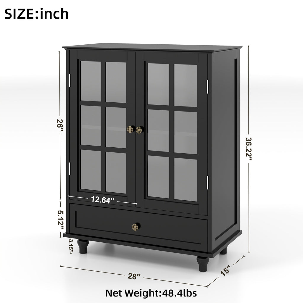 Minimalist Buffet Cabinet with Double Glass Doors and Drawer, Modern Wooden Storage Sideboard in Black