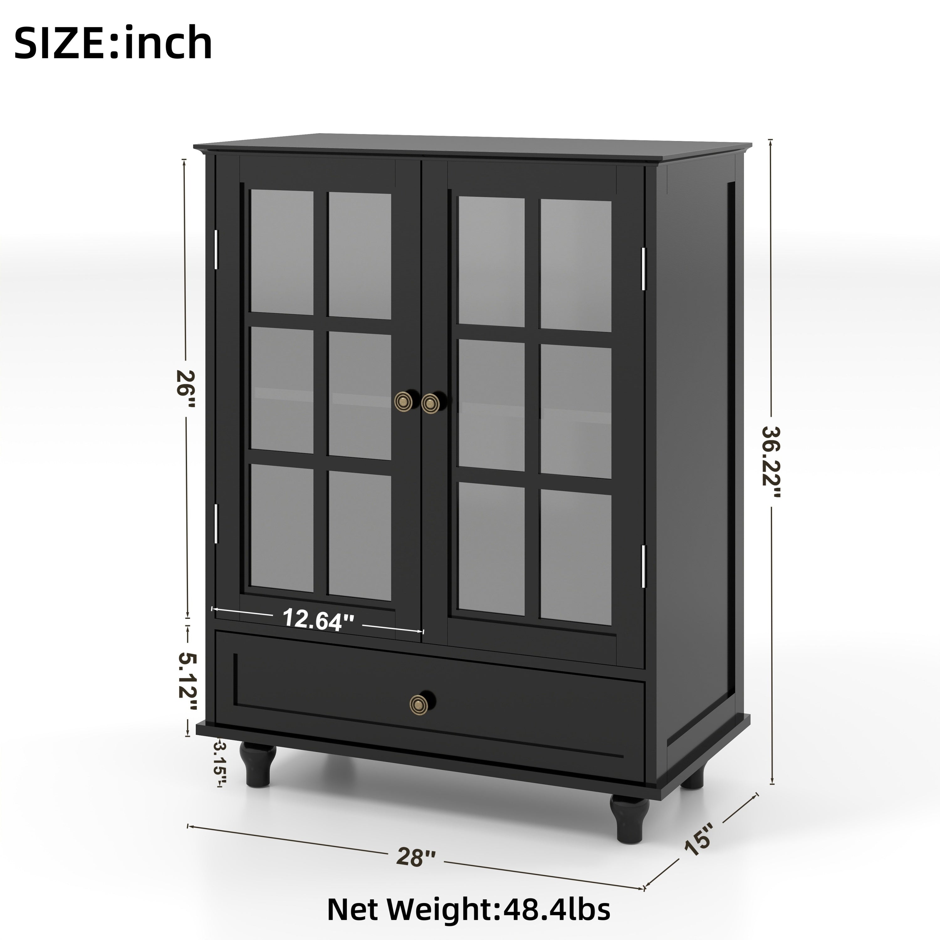 Minimalist Buffet Cabinet with Double Glass Doors and Drawer, Modern Wooden Storage Sideboard in Black
