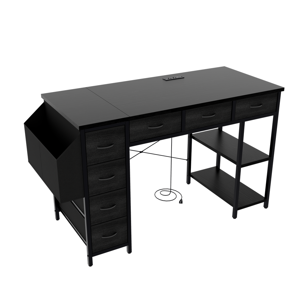 47.3' Computer Desk with 7 Drawers, Extra Large Side Pocket, and Power Outlets – Ideal for Home Office, Study, or Gaming –  Black