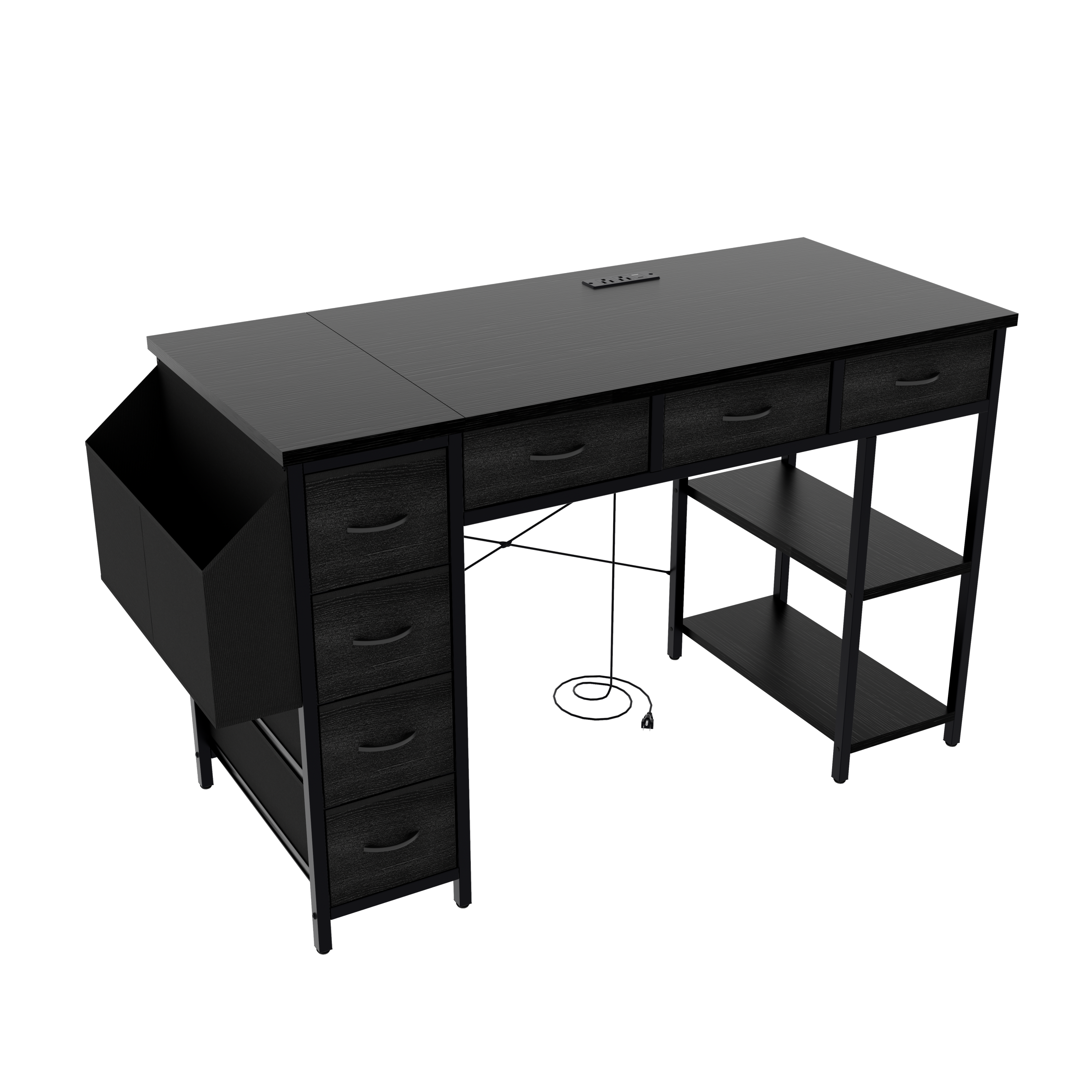 47.3' Computer Desk with 7 Drawers, Extra Large Side Pocket, and Power Outlets – Ideal for Home Office, Study, or Gaming –  Black