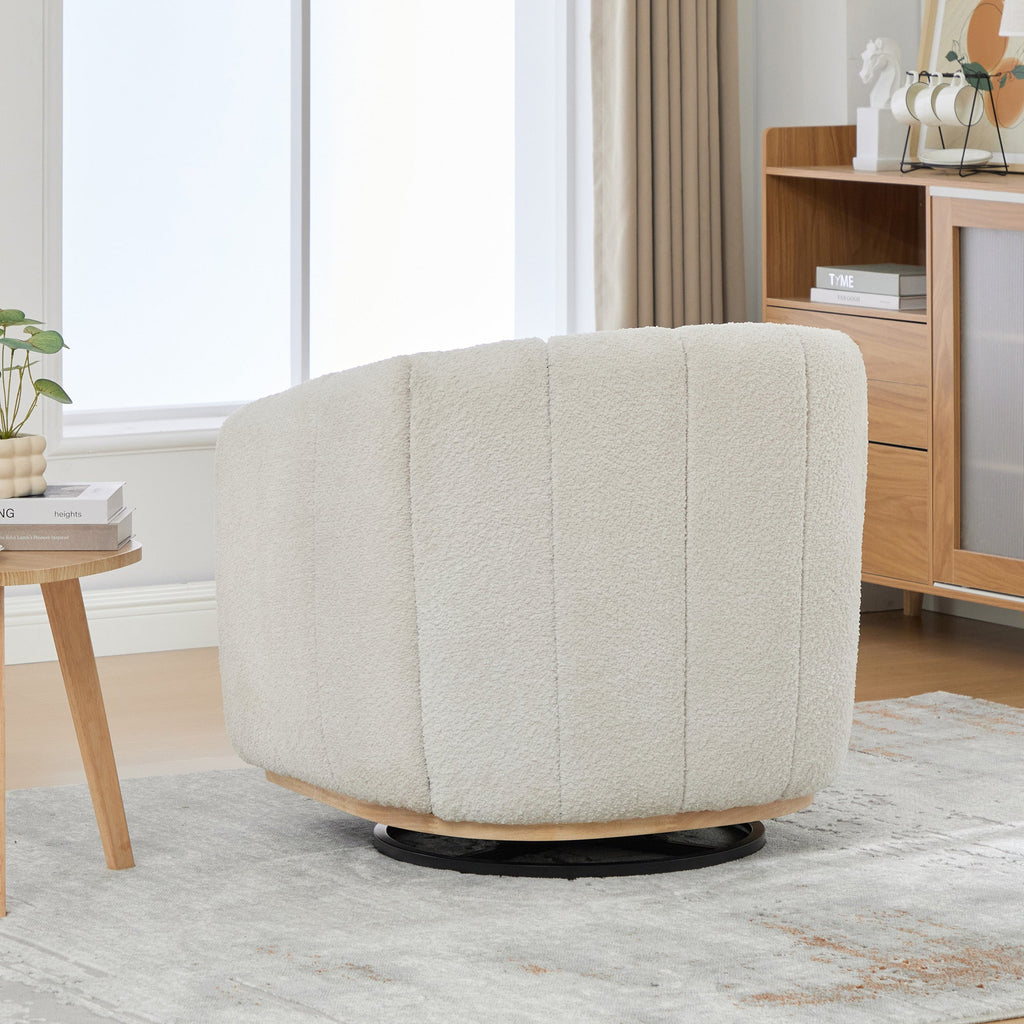 Modern Ivory Chenille Cushioned Metal Base Swivel Barrel Chair, 32.28' Wide Upholstered Tufted Pumpkin-Shape Club Armchair