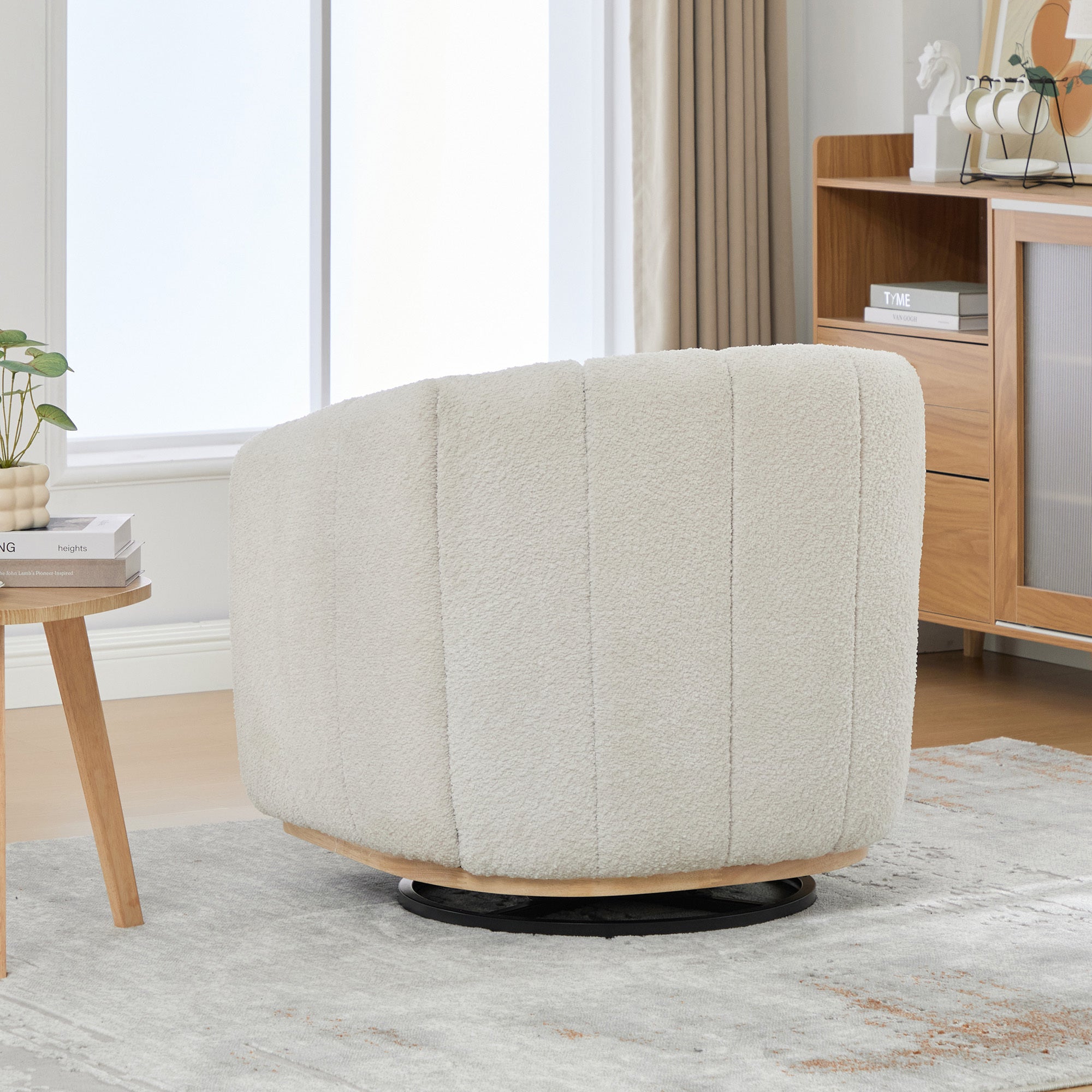 Modern Ivory Chenille Cushioned Metal Base Swivel Barrel Chair, 32.28' Wide Upholstered Tufted Pumpkin-Shape Club Armchair