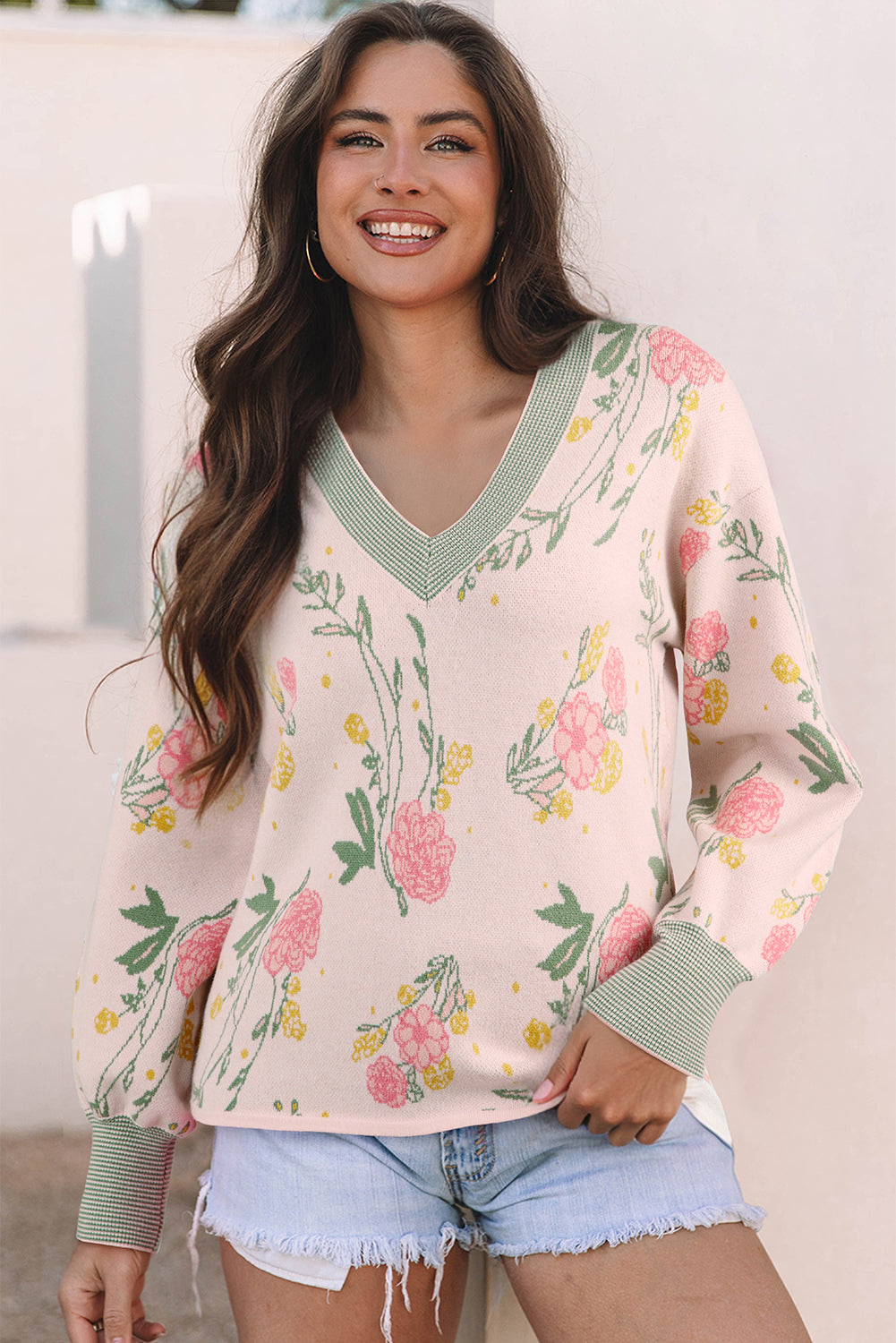 Floral Stripe Contrast V-Neck Sweater
