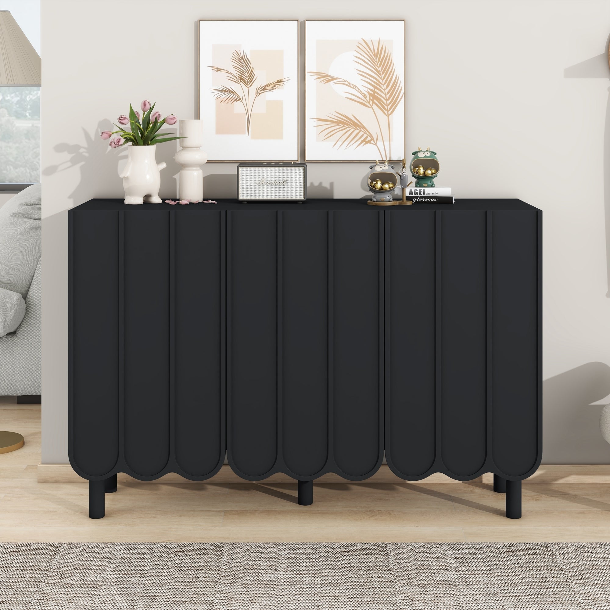 ON-TREND Cream Style Minimalist Shoe Cabinet with 5 Solid Wood Legs, Sideboard Buffet Cabinet with Adjustable Shelves, Large Storage Cabinet with Wave Doors for Living Room, Black