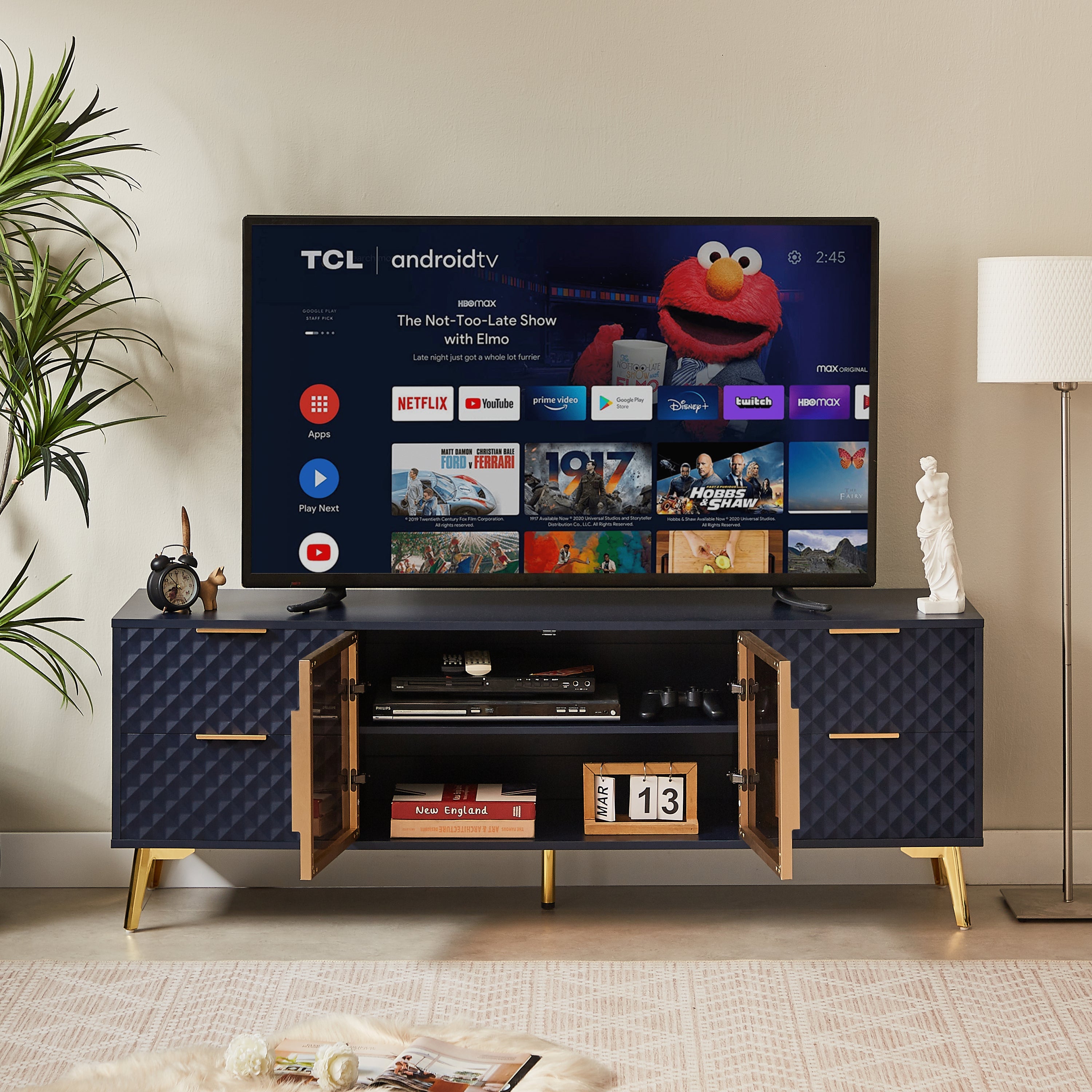 Deluxe Sculpted Modern Fashion Geometric Style TV Stand, Aluminum Frame Tempered Glass Door 4 Drawer Chest with Adjustable Metal Feet ,Dark Blue,59.9'L x 15.7'W x 21.7'H