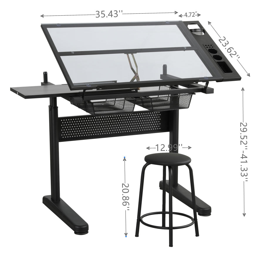 hand crank adjustable drafting table drawing desk with 2 metal drawers (BLACK)WITH STOOL