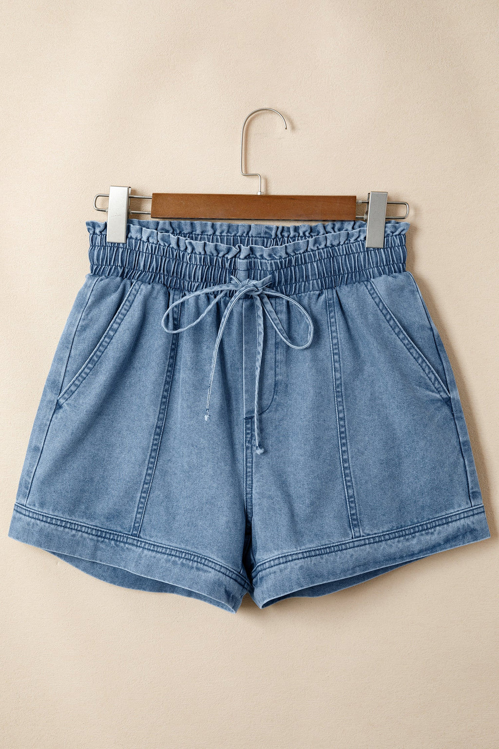 Solid Denim Smocked Elastic Waist Shorts
