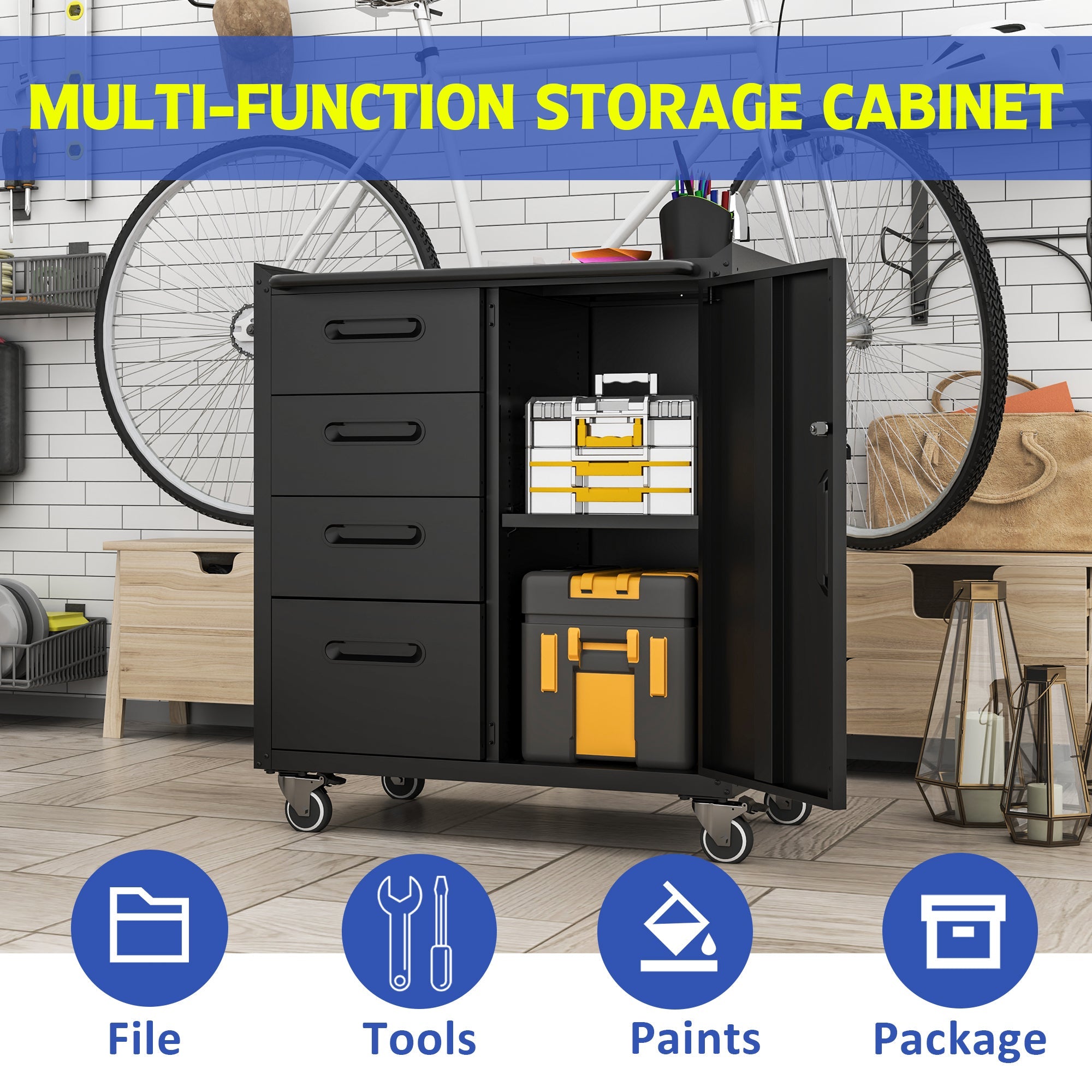 Sturdy Metal Tool Storage Cabinet with Wheels - Heavy-Duty Garage and Office Organizer, Black/Gray, Steel