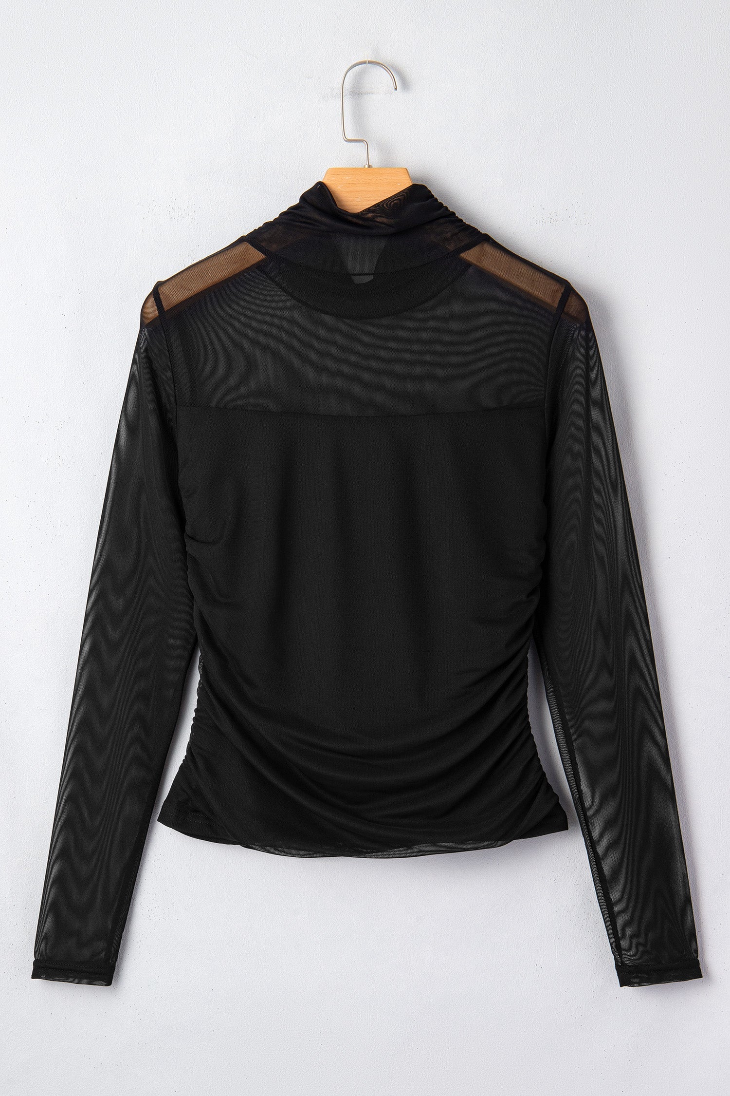 Sheer Mesh Patchwork High Neck Long Sleeve Top