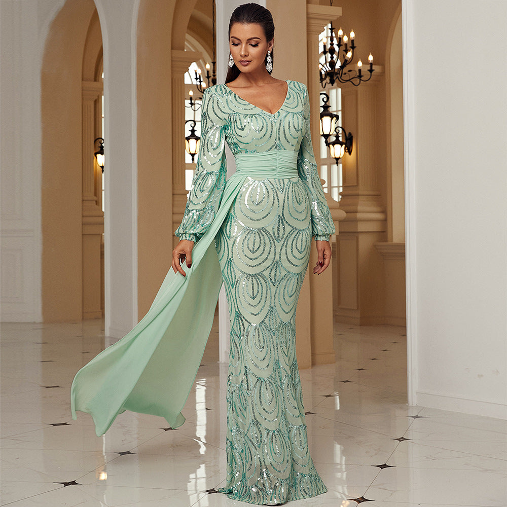 Long Sleeve Sexy Long Sequined V-neck Banquet Ribbon Evening Dress (See size chart where applicable)