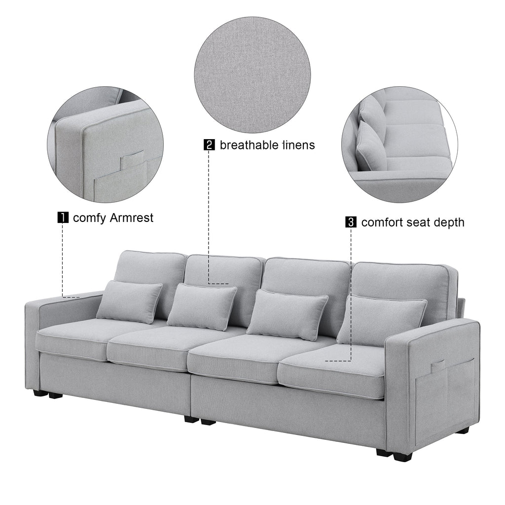 [VIDEO provided] [New] 104' 4-Seater Modern Linen Fabric Sofa with Armrest Pockets and 4 Pillows,Minimalist Style Couch for Living Room, Apartment, Office,3 Colors