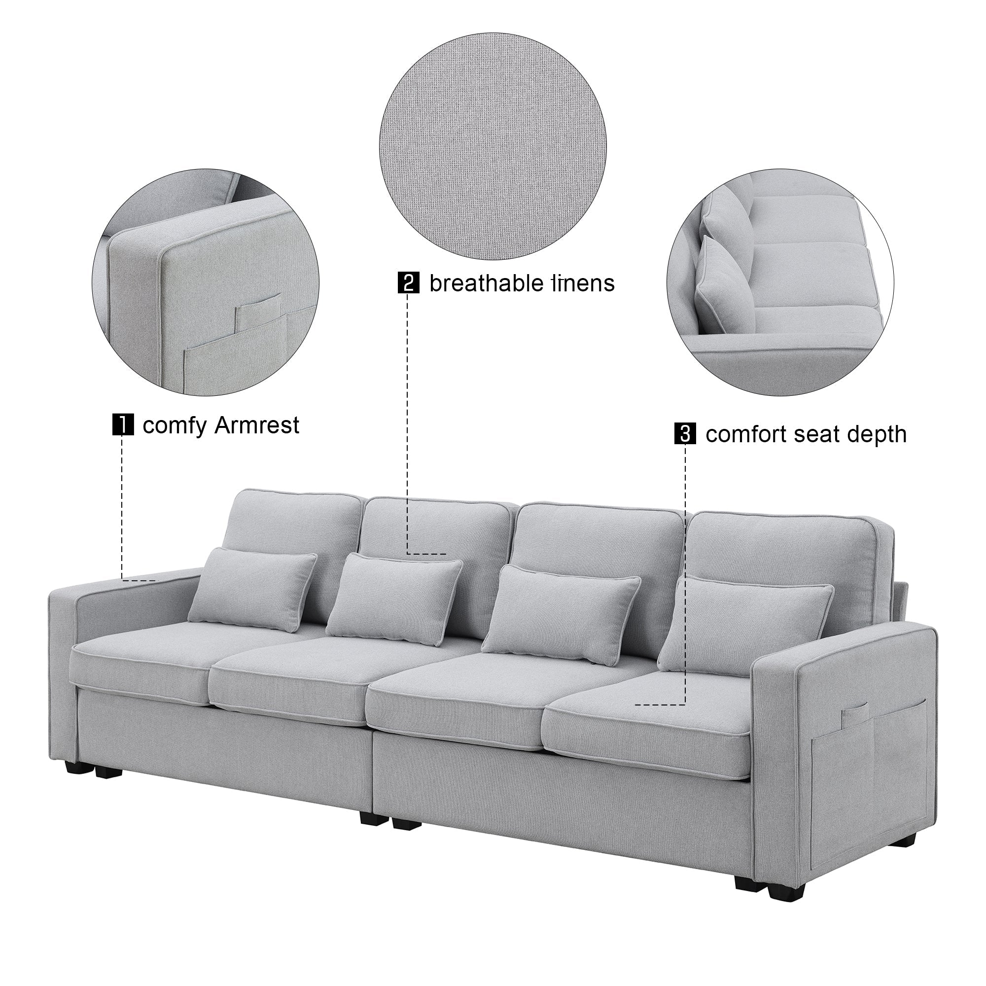 [VIDEO provided] [New] 104' 4-Seater Modern Linen Fabric Sofa with Armrest Pockets and 4 Pillows,Minimalist Style Couch for Living Room, Apartment, Office,3 Colors