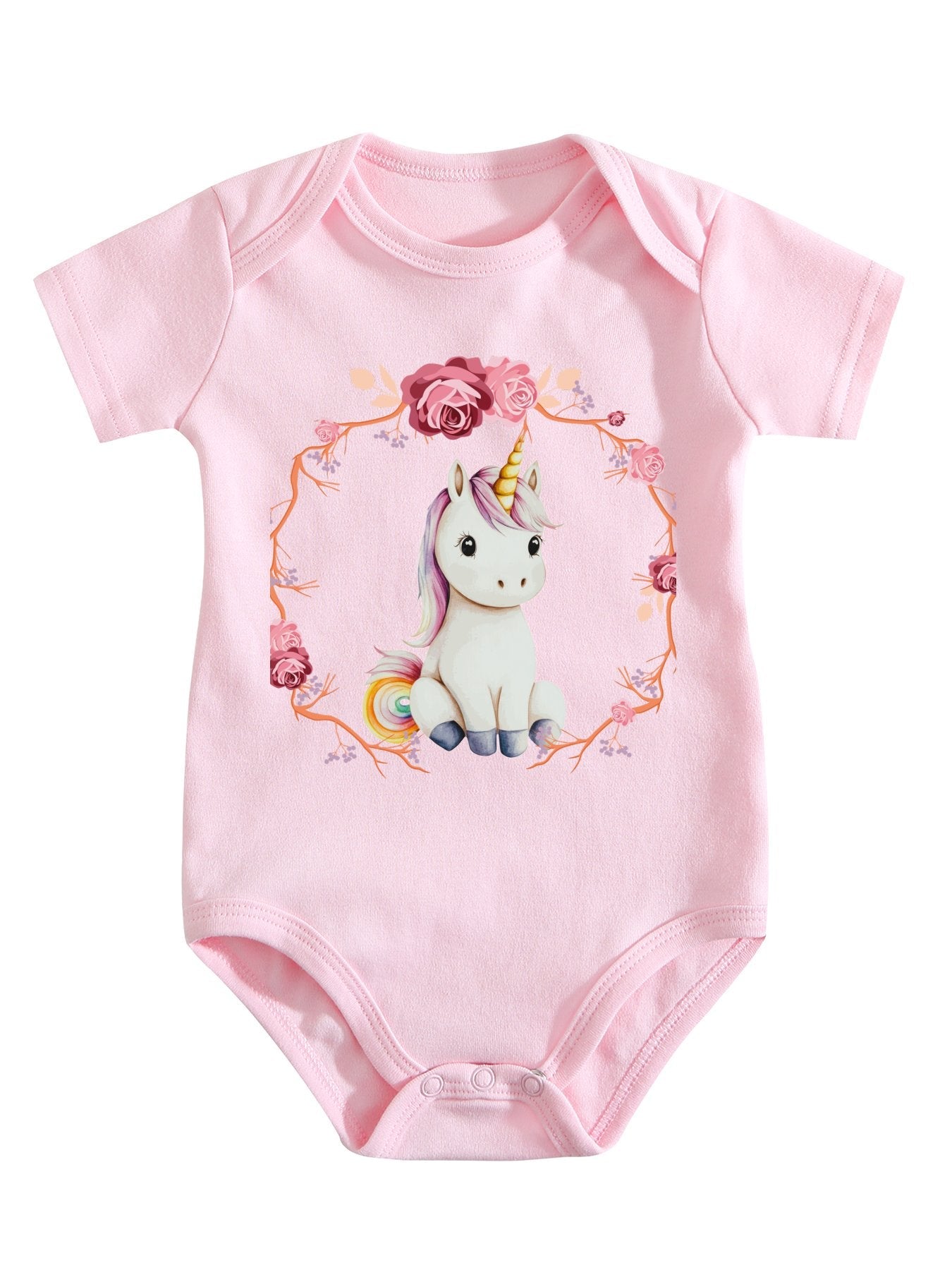 Baby Unicorn with Pink Roses Unisex Cotton Short Sleeve Baby Romper