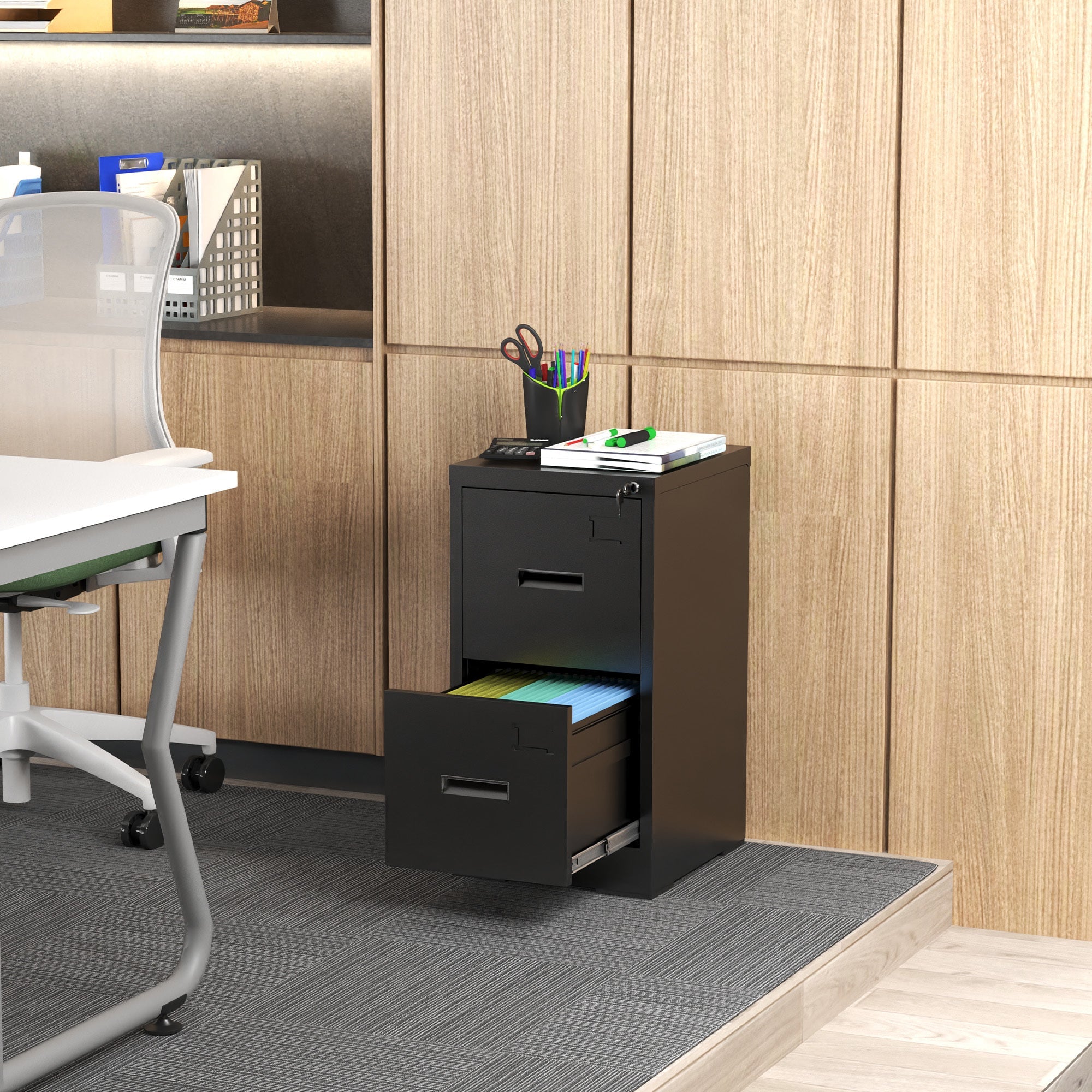 Modern Black 2 Drawer Metal Vertical File Cabinet with Lock and Card Slot for Office and Home Use
