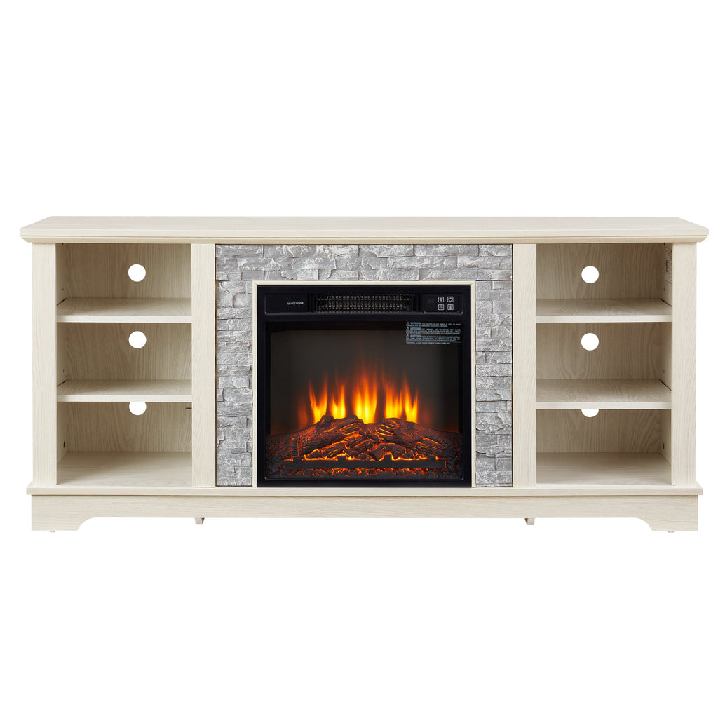 Mantel Electric Fireplace Stone TV Media Stand, Open Storage Modern Entertainment Console  Space with 18' Fireplace Insert, White, 58.31'W*15.39'D*26.06'H