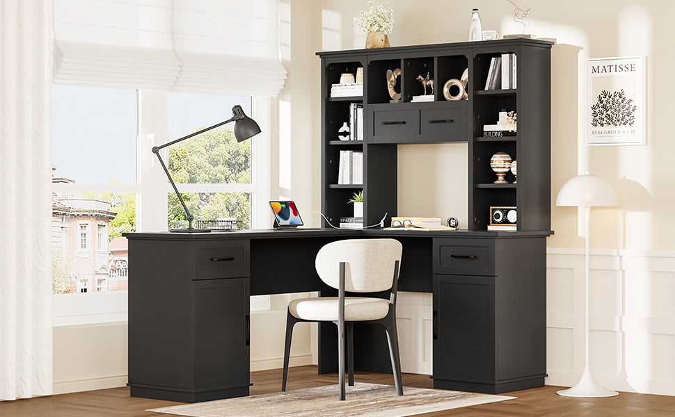 L-shaped computer desk with 2 cabinets and 2 drawers underneath the table, 11 open shelves and a flip-up shelf with storage on the right side, suitable for study, living room and office, Black