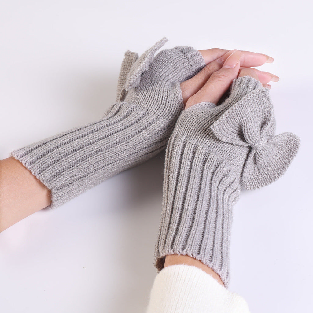 Bow Knitted Wool Keep Warm Half Finger Fingerless Gloves