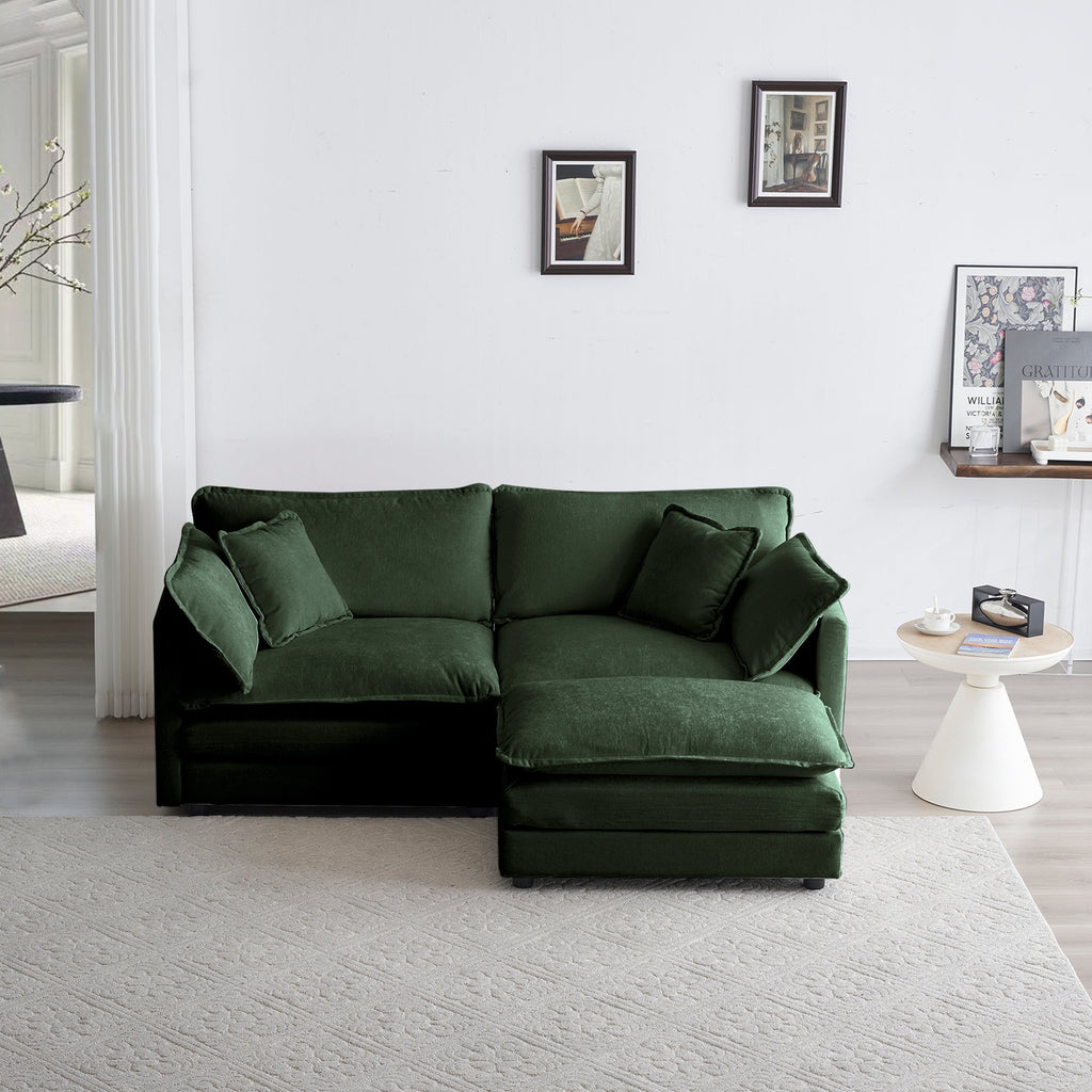 Chenille Two-Seater Sofa with 1 Footrest, 2 Seater L-Shaped Sectional with Ottoman,Loveseat with Ottoman for Small Living Space, Green Chenille