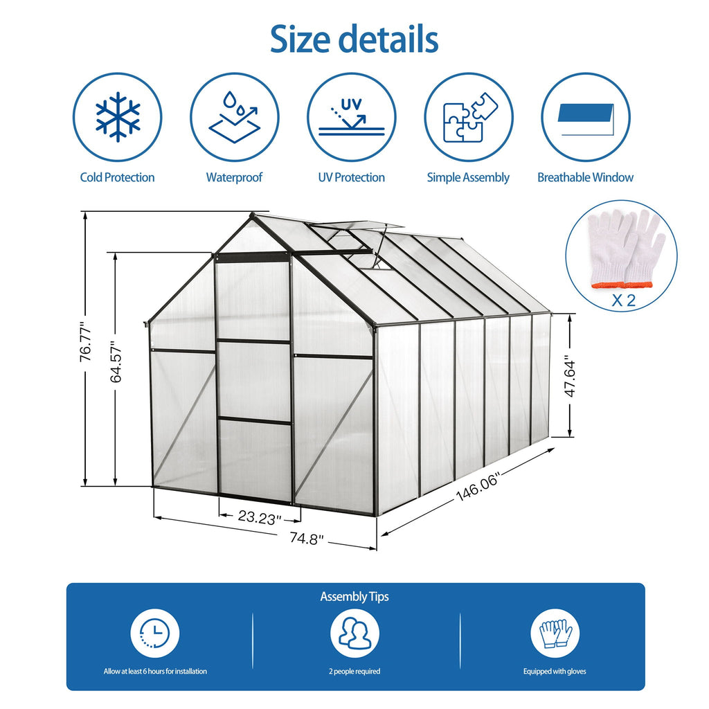 Polycarbonate house Raised Base And Anchor Aluminum Heavy Duty Walk-In houses For Outdoor Backyard In All Season
