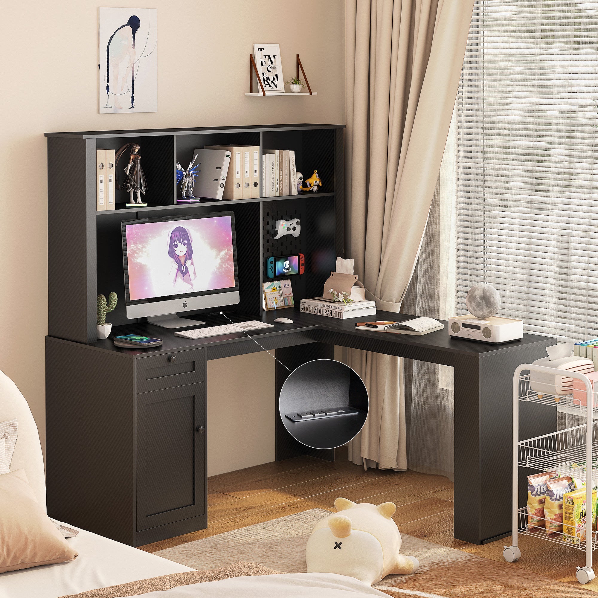 L Shaped Desk with Charger,Computer Desk with Drawers,Bookshelf,Modern Corner Desk,Home Office Desk,L-Shaped Study Table Writing Desk,Carbon fiber Gaming Computer Desk with Storage,Black