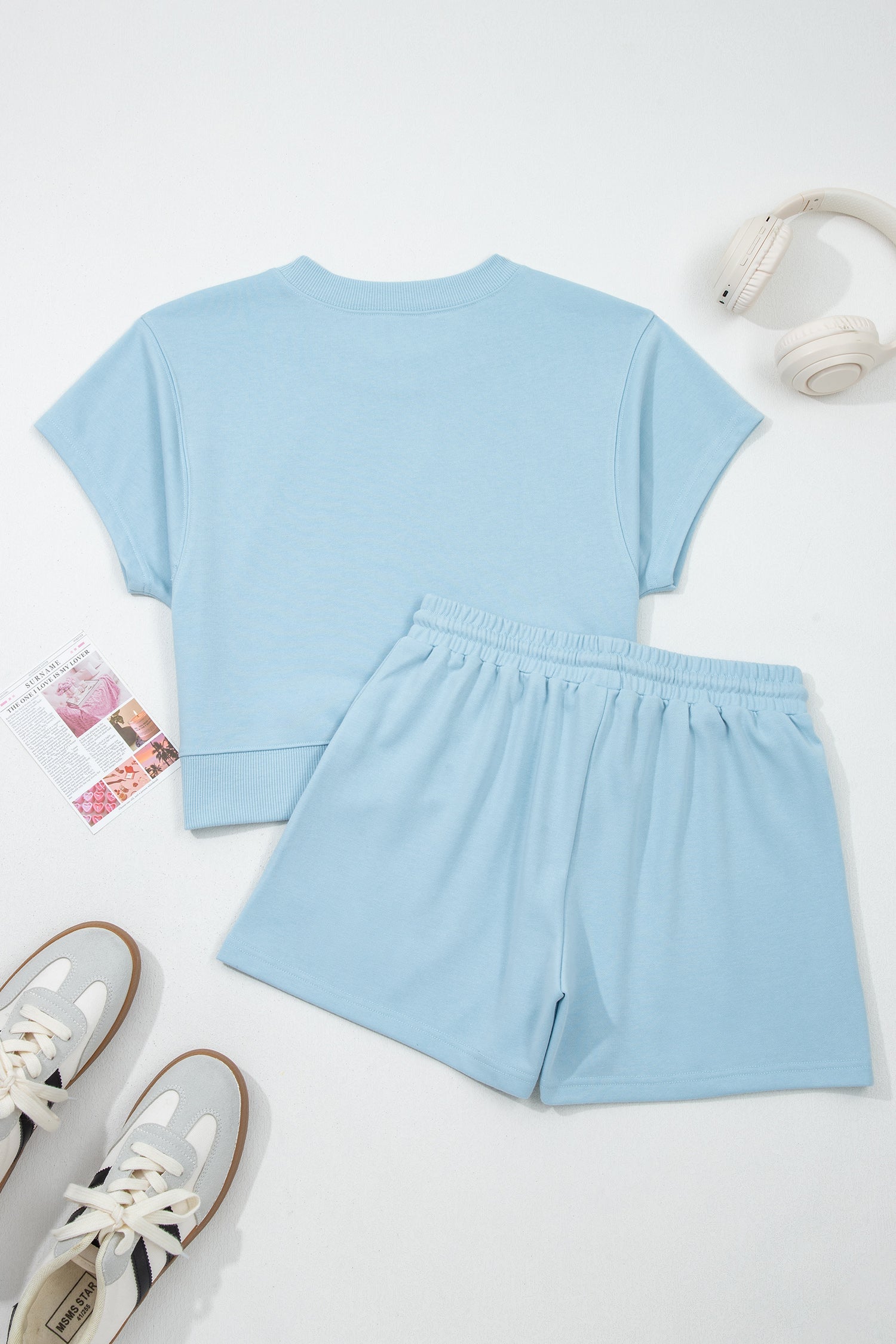 Solid Loose Tee & Drawstring Shorts Set