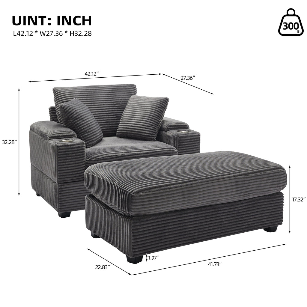 [VIDEO/New]Corduroy Upholstered Chaise Lounge Sofa with Handrail storage ,Movable ottoman,Cupholders,Detachable Cushions Deep Seat for Living Room Office,3 colour