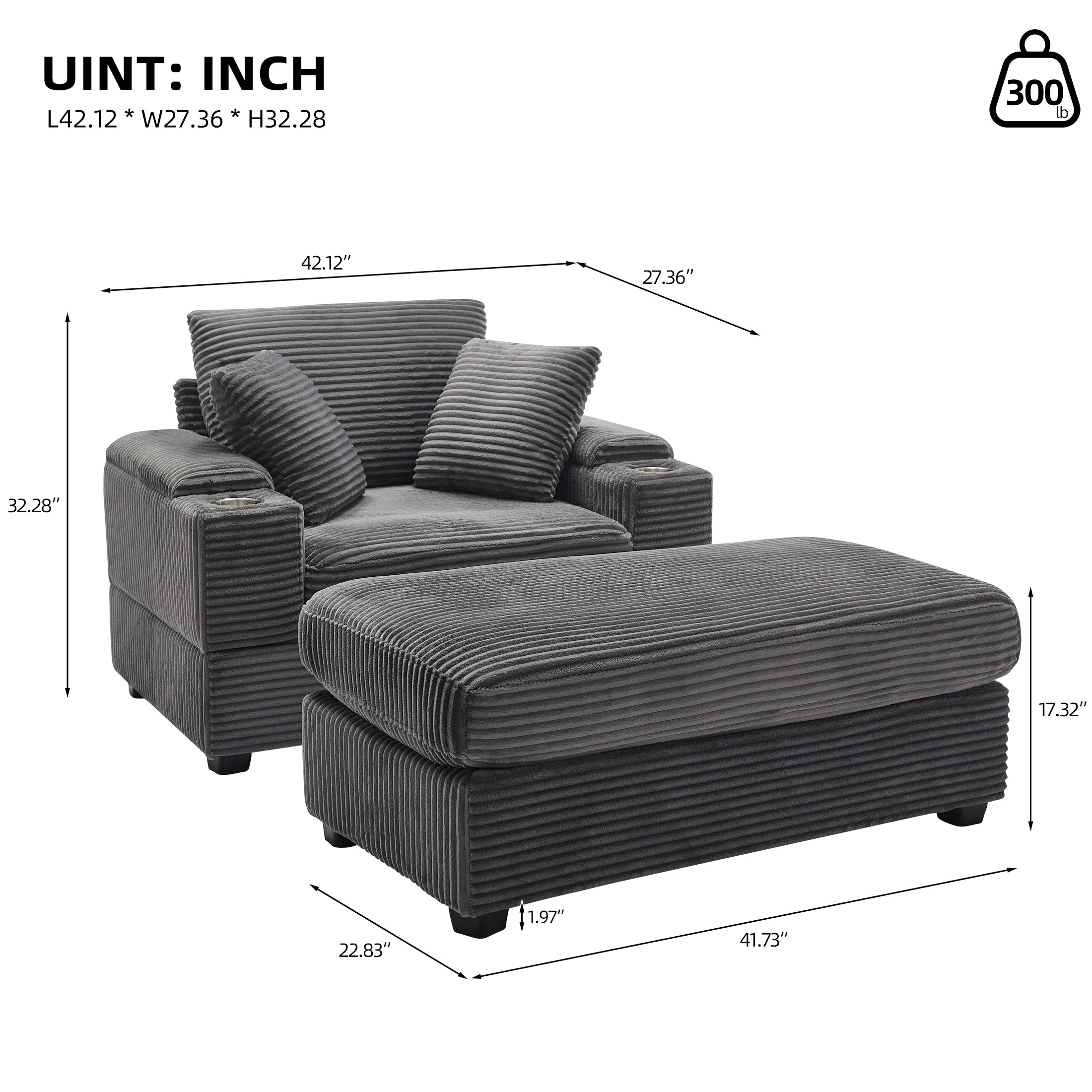 [VIDEO/New]Corduroy Upholstered Chaise Lounge Sofa with Handrail storage ,Movable ottoman,Cupholders,Detachable Cushions Deep Seat for Living Room Office,3 colour