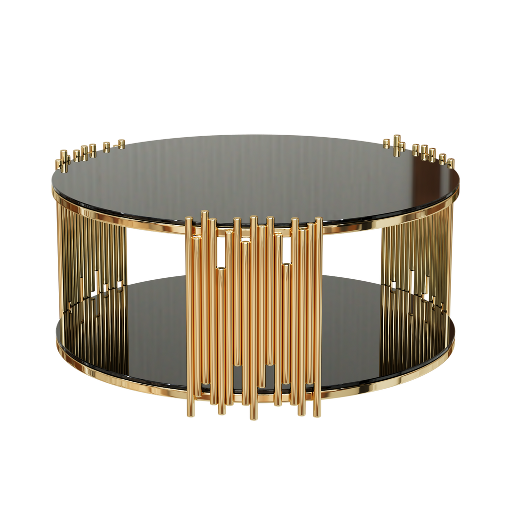 Modern minimalist light luxury style stainless steel circular coffee table, black tempered glass countertop, living room coffee table