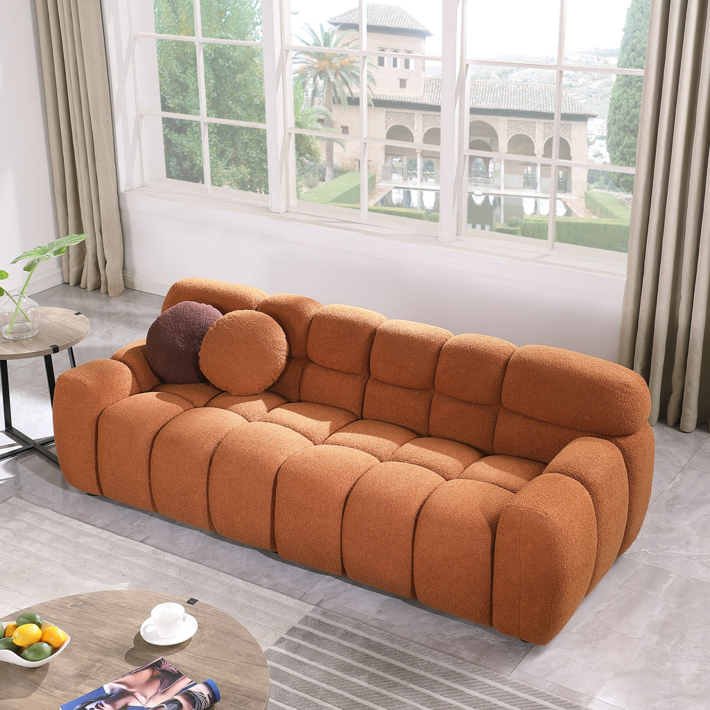 87.4 length ,35.83' deepth ,human body structure for USA people,  marshmallow sofa,boucle sofa ,3 seater, LIGHT BROWN   BOUCLE