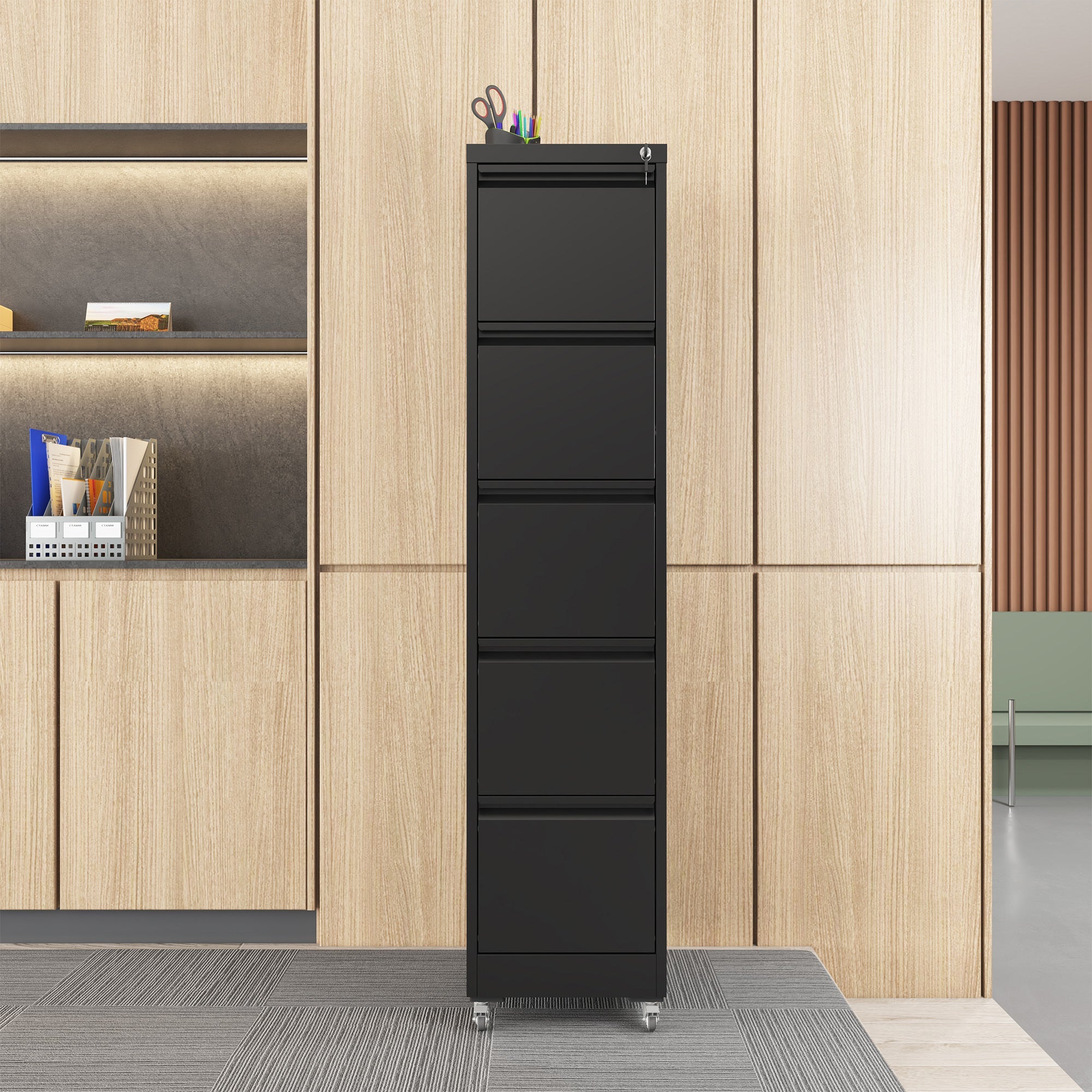 Heavy Duty Black Metal 5 Drawer Vertical File Cabinet with Lock and Wheels for Home Office