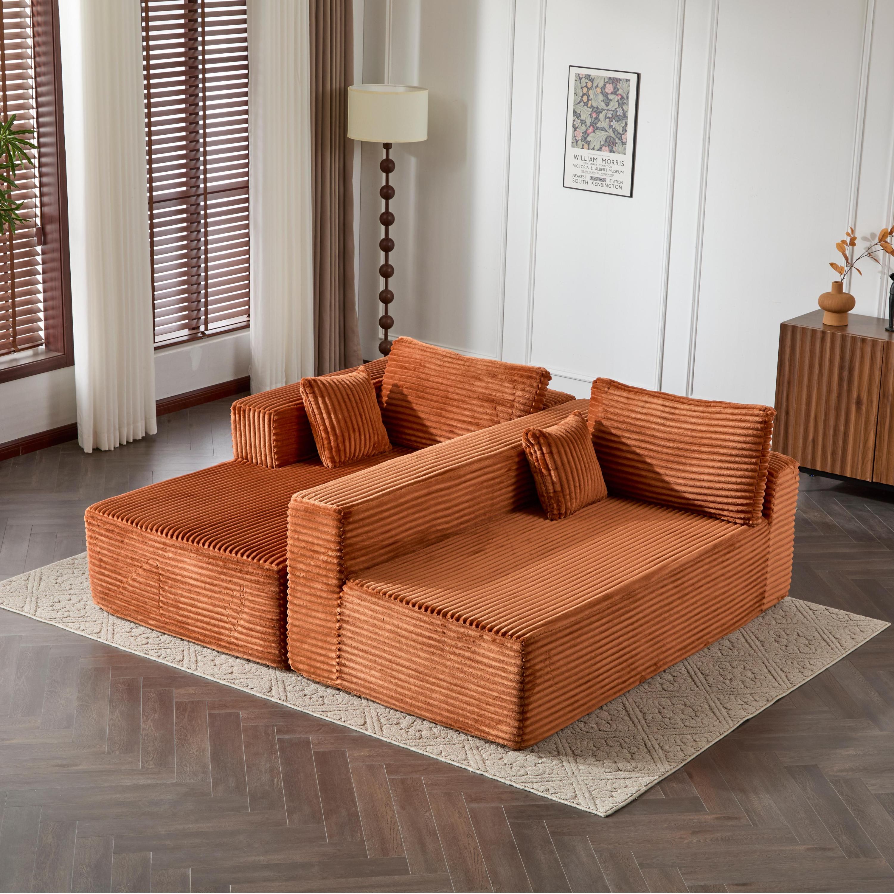 Compression Sectional Couch with Comfy Chaise, Boneless L Shape Sofa with Deep Seat, Minimalist Modular Couches Sleeper for Living Room Bedroom Apartment Lounge,corduroy,Brown
