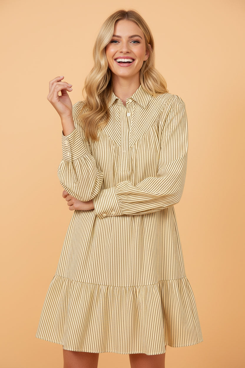 Stripe Collared Cuff Long Sleeve Mini Dress