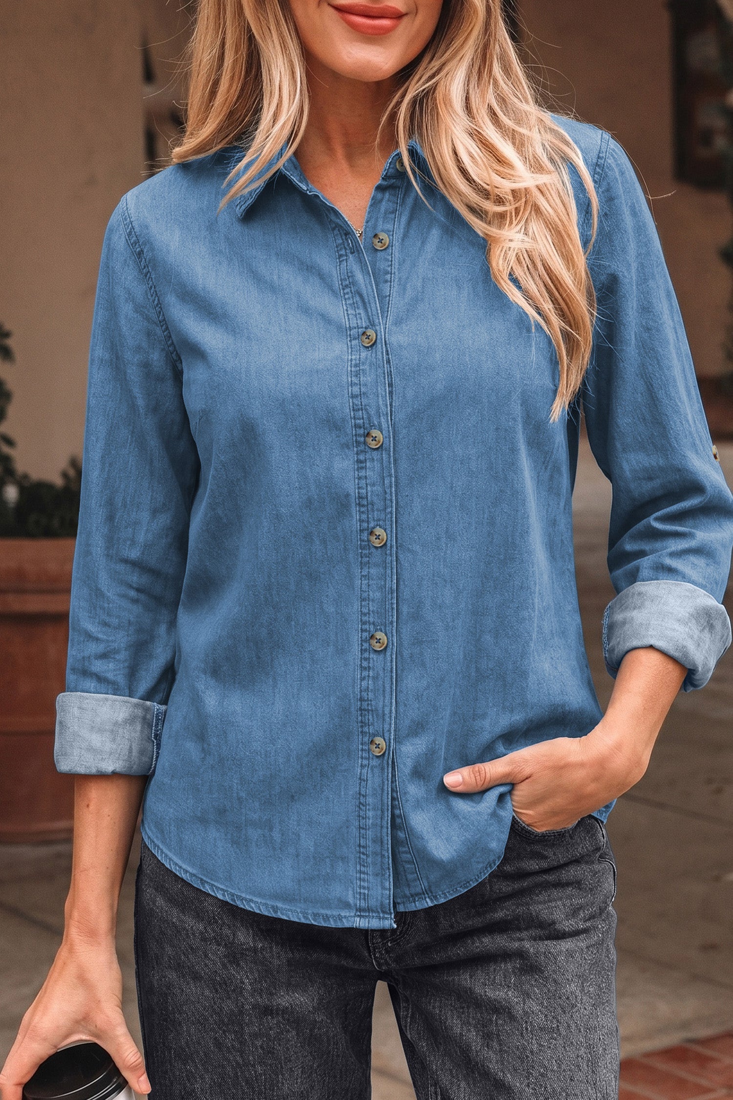 Denim Tab Sleeve Button Down Shirt