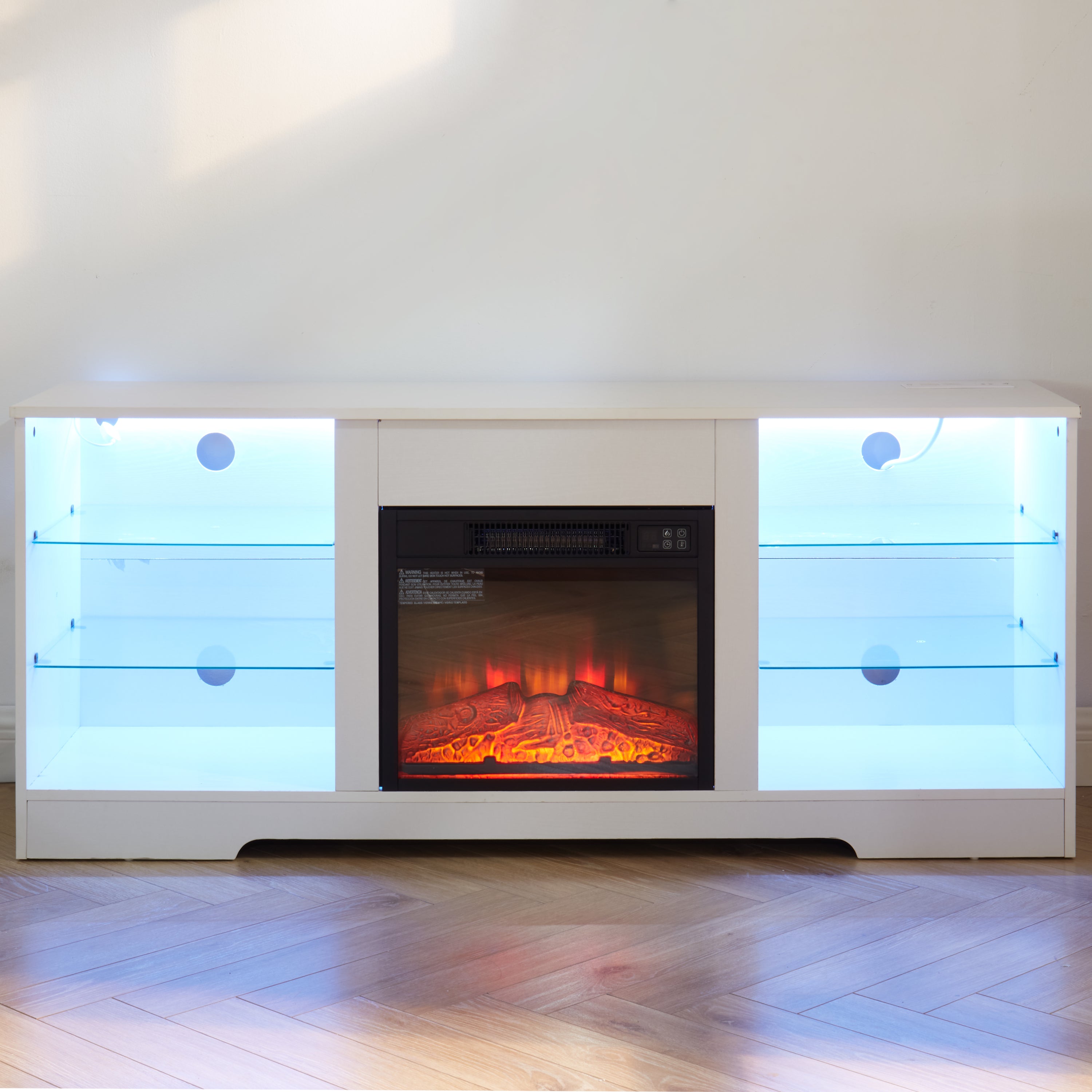 TV Stand Electric Fireplace  Glass Shelves, 3D Fireplace TV Stand with LED Lights Wood with USB Charging Outlet Modern Television Table Center for TV up to 62' White, 58''W*15.5''D*24.4