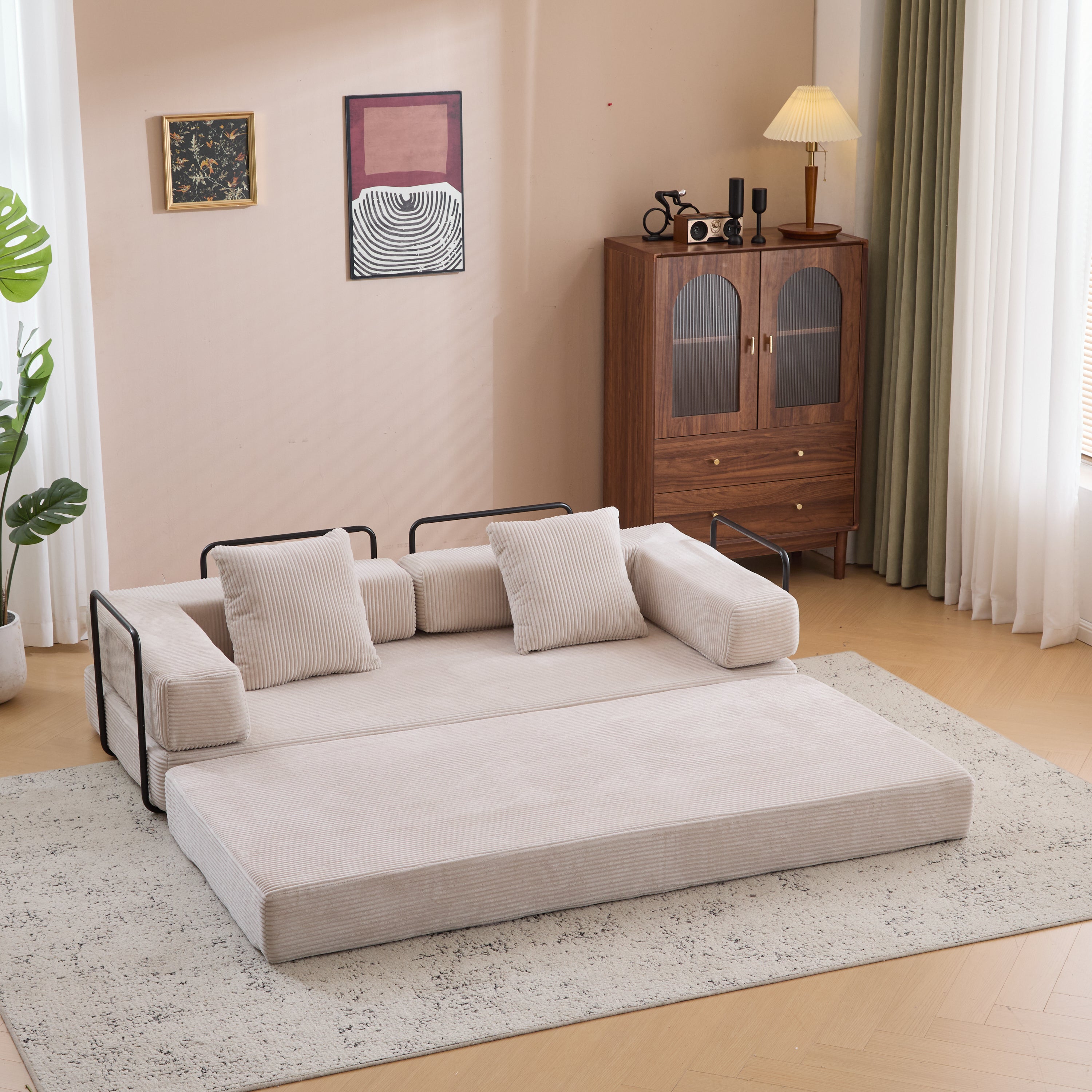 Floor Couch,Compression Sofa,Convertible Floor Sofa Bed-with Pillow Back Support Armrest,Comfy Futon Couch Lounge Sleeper Bed,Corduroy Fabric,for Living Room Bedroom (light grey)