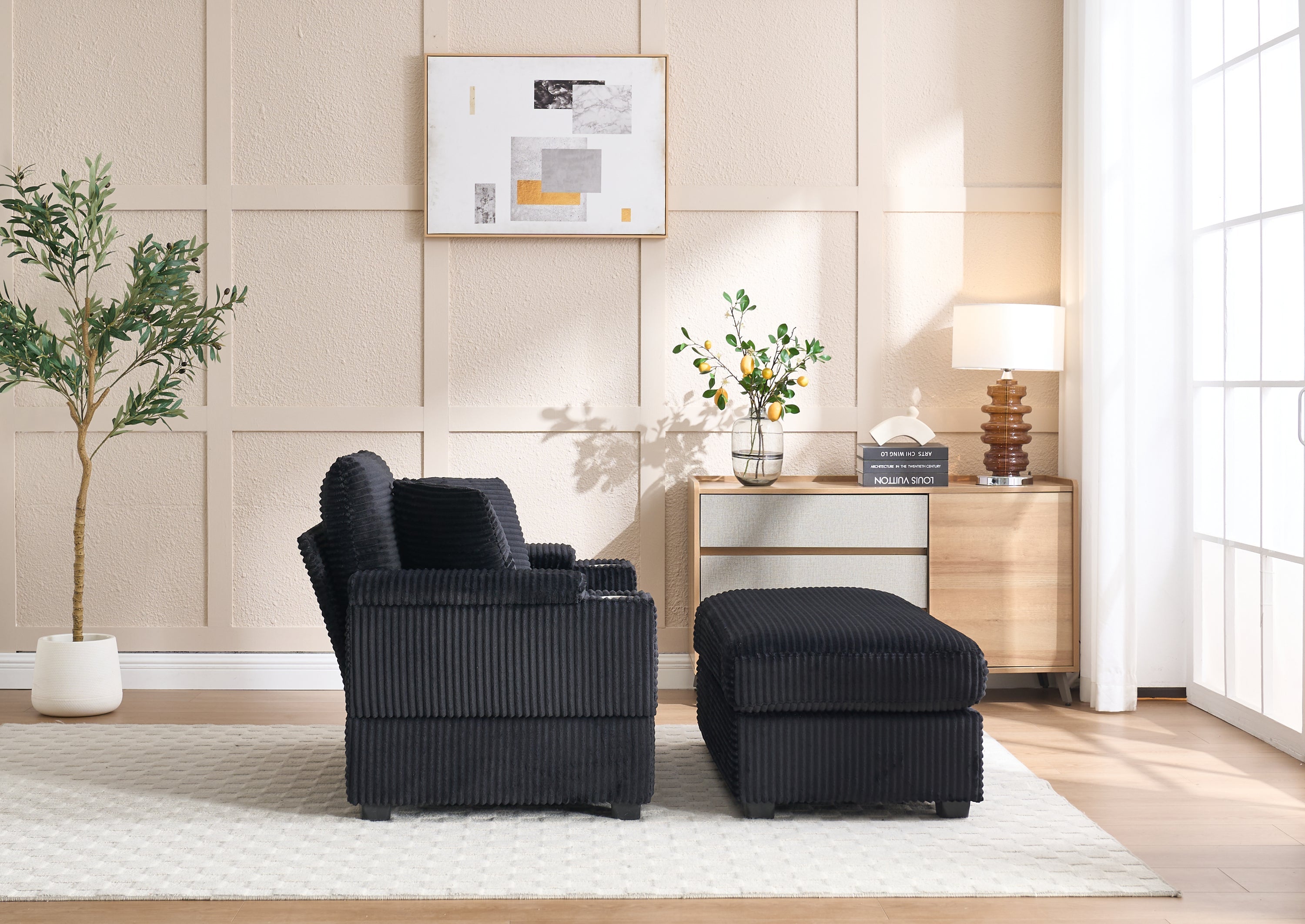 [VIDEO/New]Corduroy Upholstered Chaise Lounge Sofa with Handrail storage,Movable ottoman,Cupholders,Detachable Cushions Deep Seat for Living Room Office,5 colour,Wide stripe corduroy