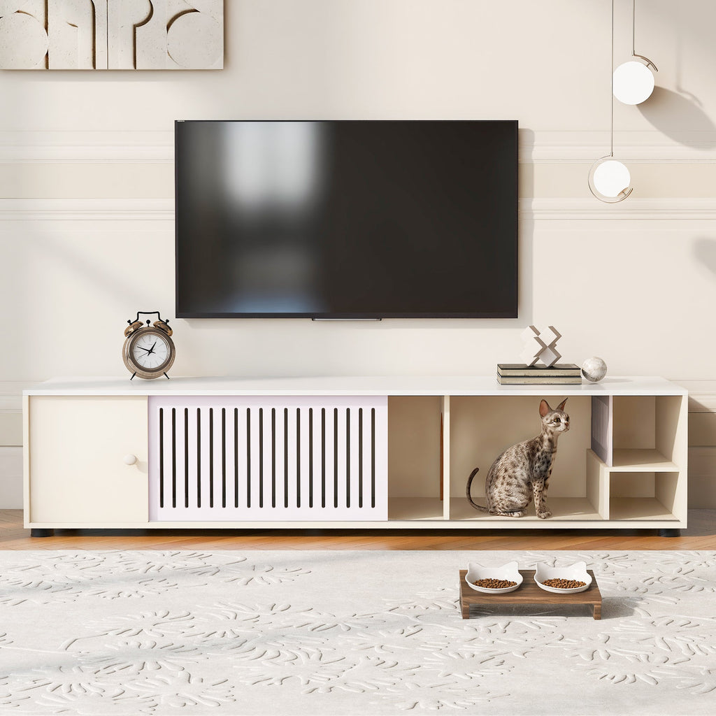 Modern Cream White TV Stand with Storage, Cat Litter Box Enclosure with Removable Sliding Door