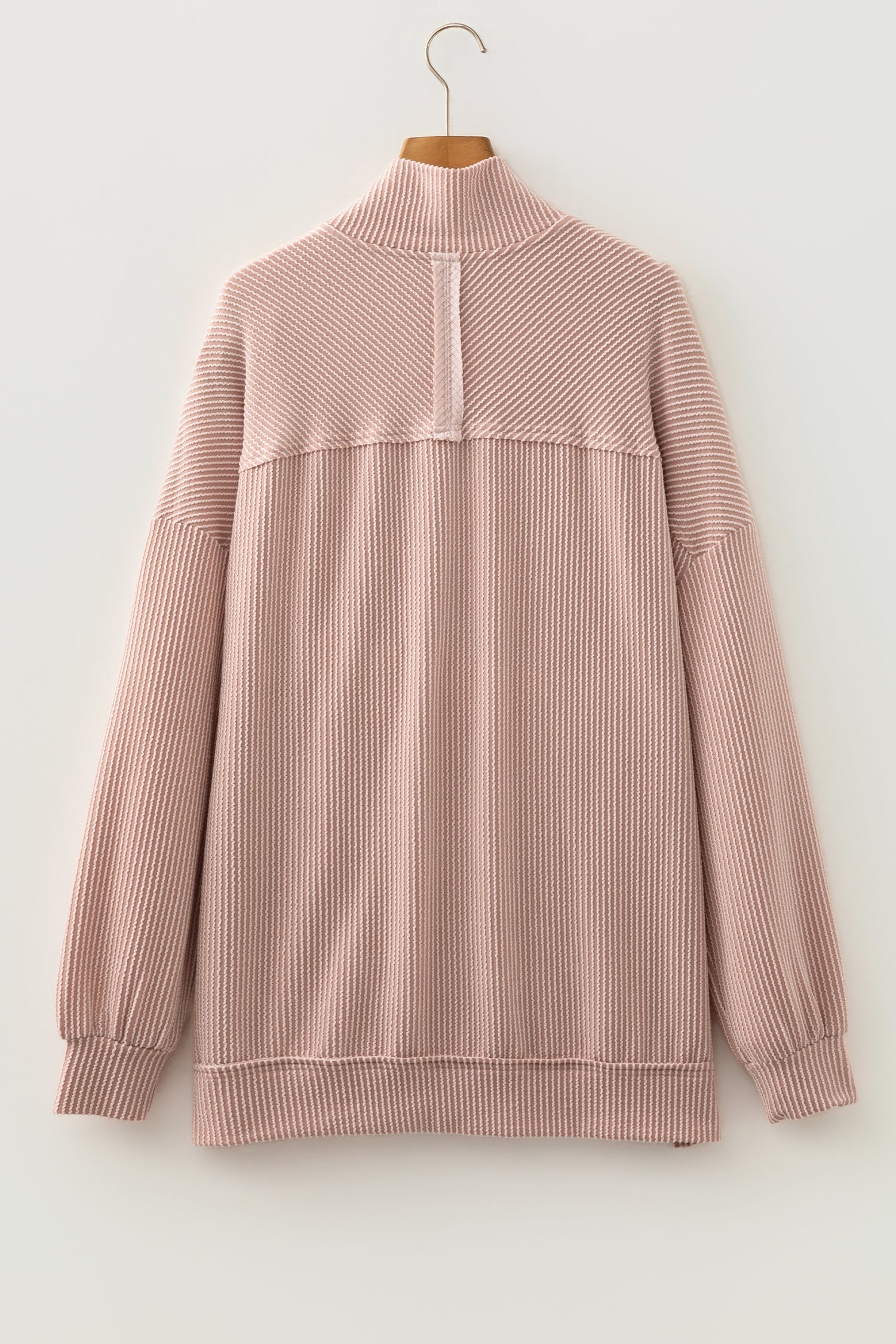 Solid Corded Knit Half Zip Collar Long Sleeve Top