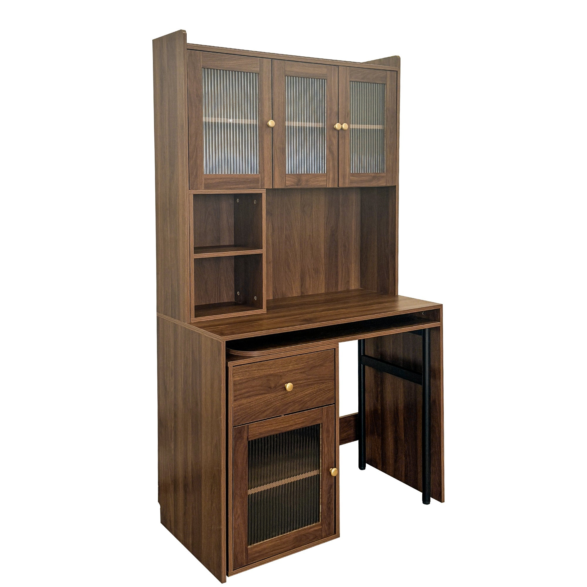 Computer Desk with glass door for Home Office or Study desk,  Bookshelf & Hutch, Computer Desk with 90 Degree Rotating Desktop,Large Working Space