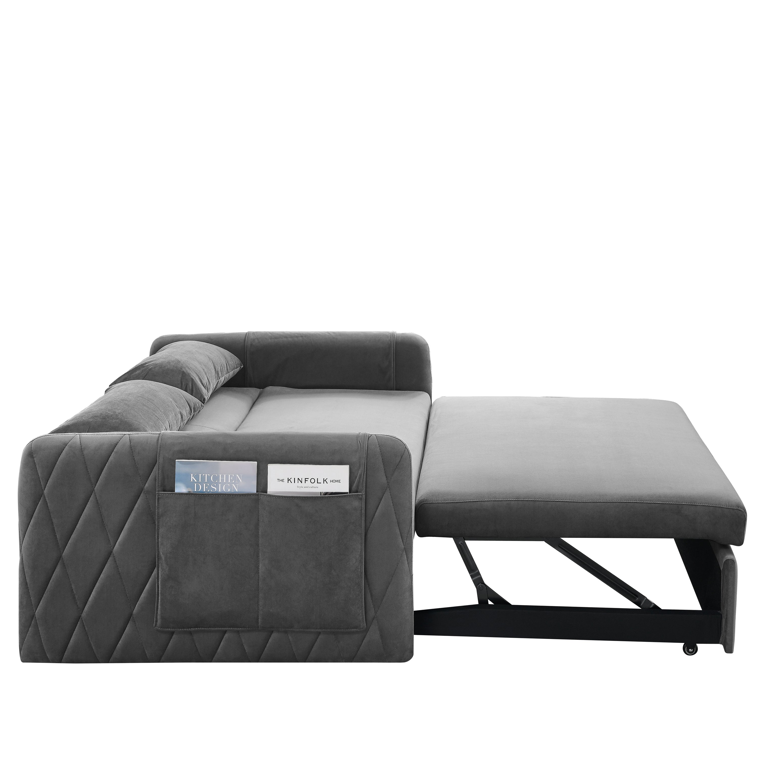 55' Modern Convertible Sofa Bed with 2 Detachable Arm Pockets, Velvet Loveseat Sofa with Pull Out Bed, 2 Pillows and Living Room Adjustable Backrest, Grid Design Armrests