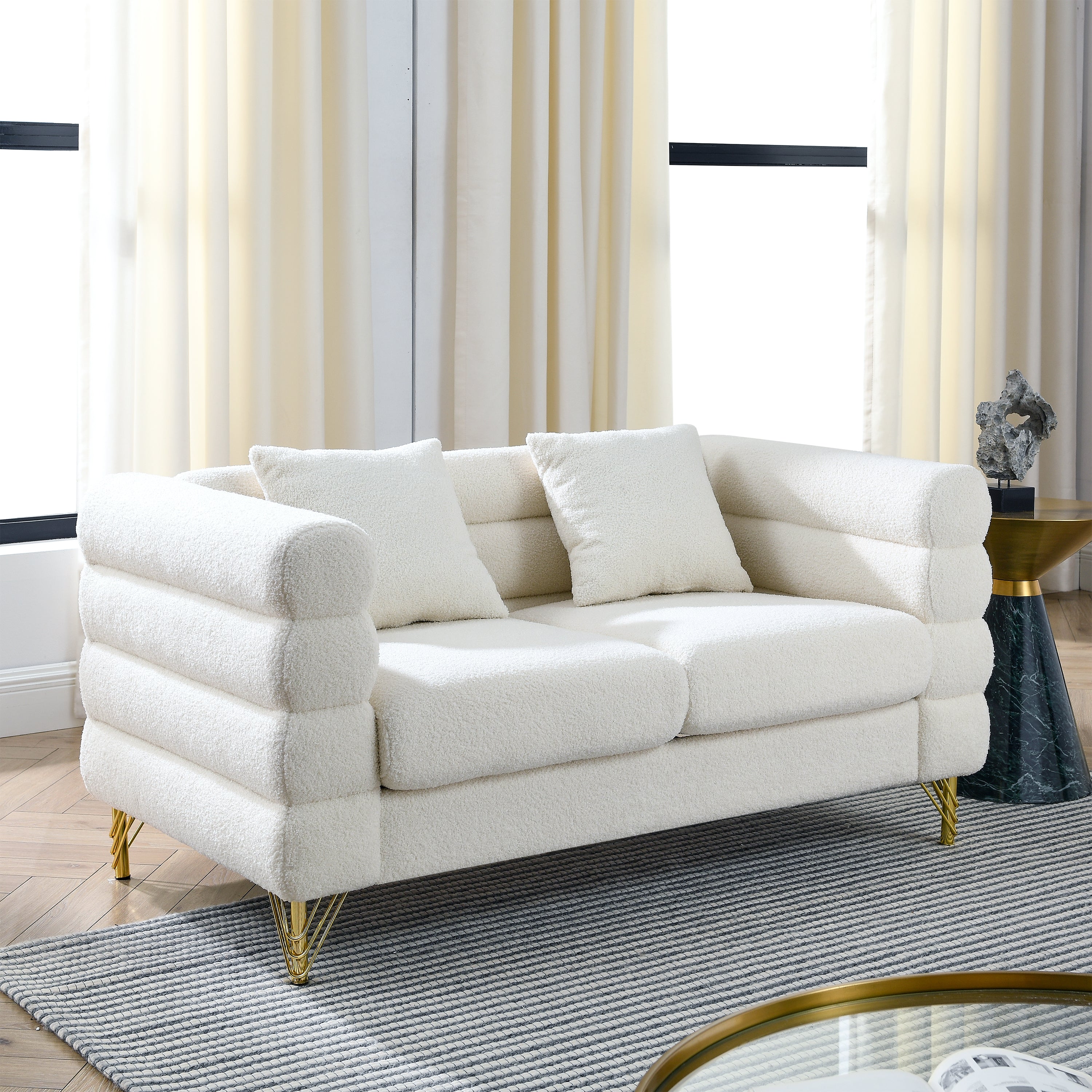 60Inch Oversized 2 Seater Sectional Sofa, Living Room Comfort Fabric Sectional Sofa-Deep Seating Sectional Sofa, Soft Sitting with 2 Pillows for Living Room, Bedroom  White teddy(Ivory)(W834S00029)