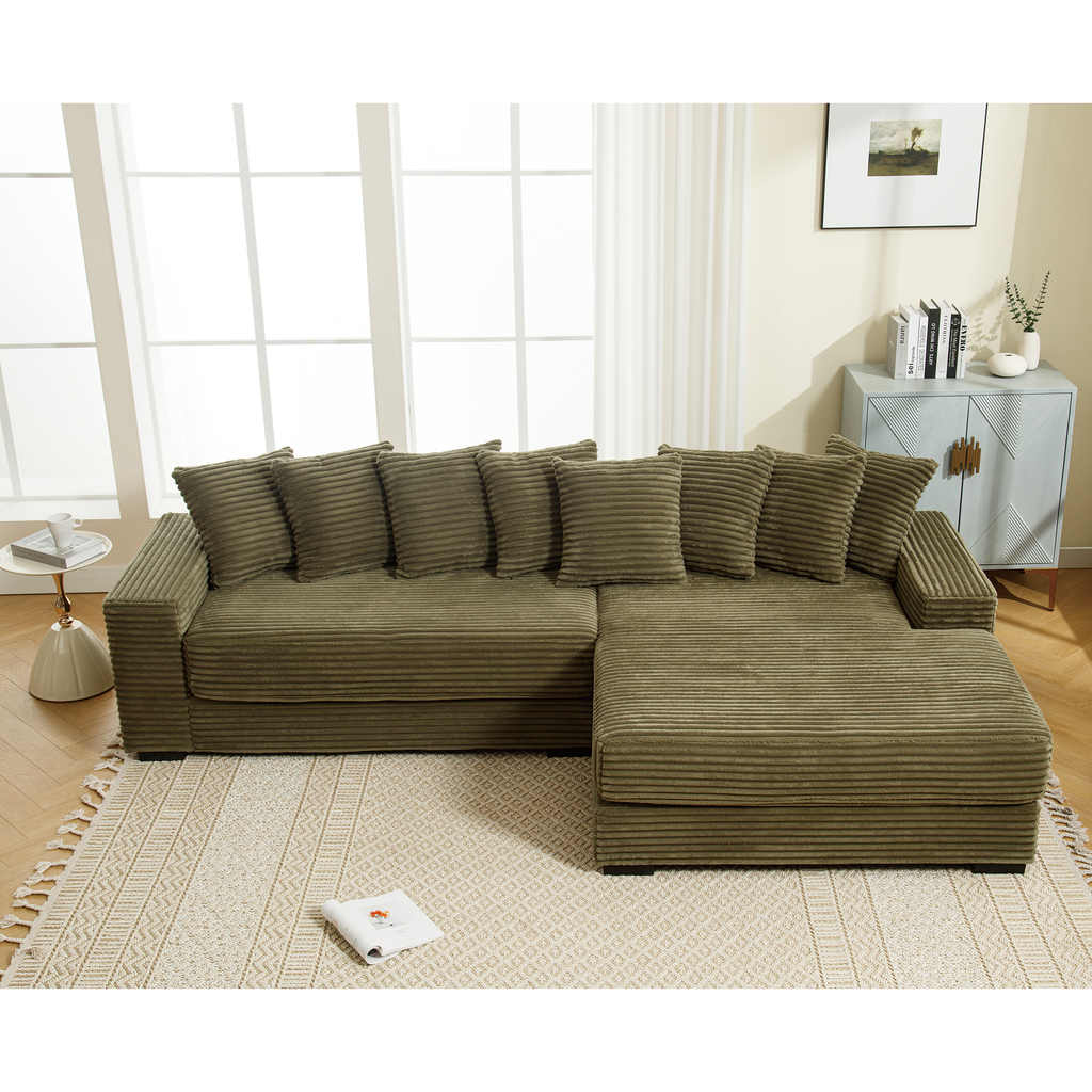 [NEW ARRIVED] [VIDEO PROVIDED] Oversized Two-Piece Couches, L Shaped Sofa, Corduroy, Right Chaise Daybed,with Armrests,Eight Throw Pillows,Corner Sofa,Easy To Assemble, Green