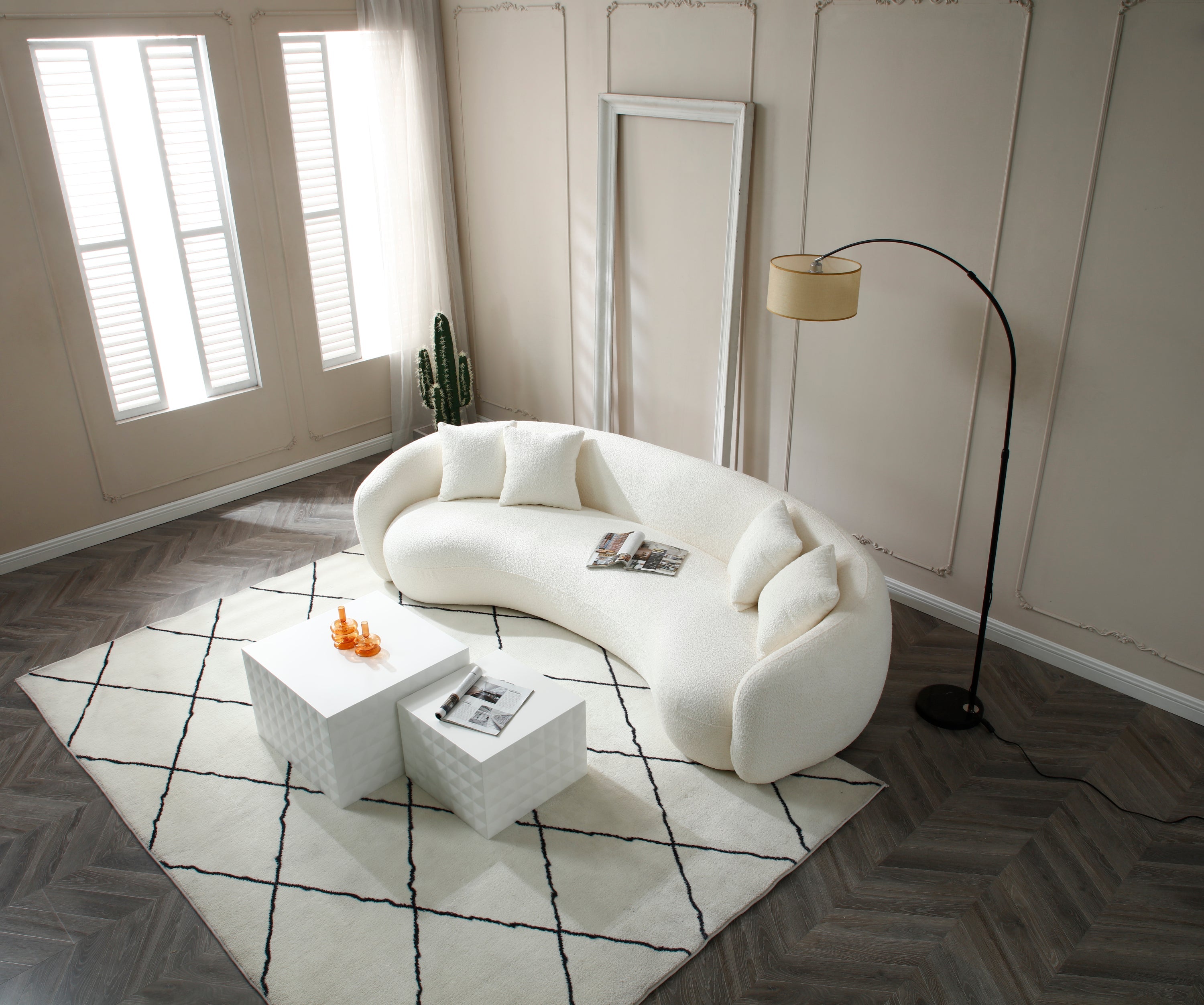102'' 5-Seater Boucle Sofa Modern Sectional Half Moon Leisure Couch Curved Sofa Teddy Fleece Velet  WHITE