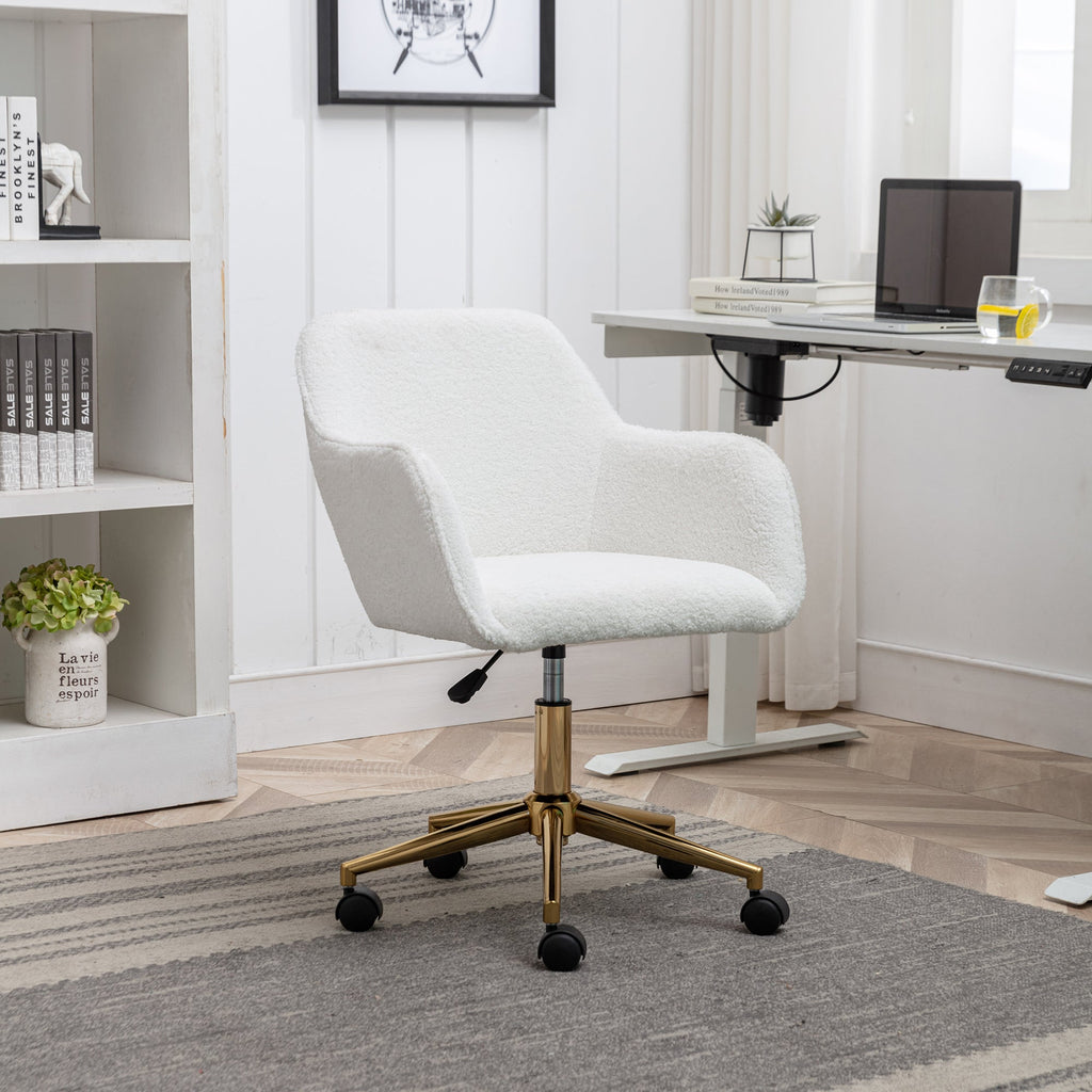 Modern Home Office Chair with Adjustable Height and Gold Metal Legs, White Teddy Fabric