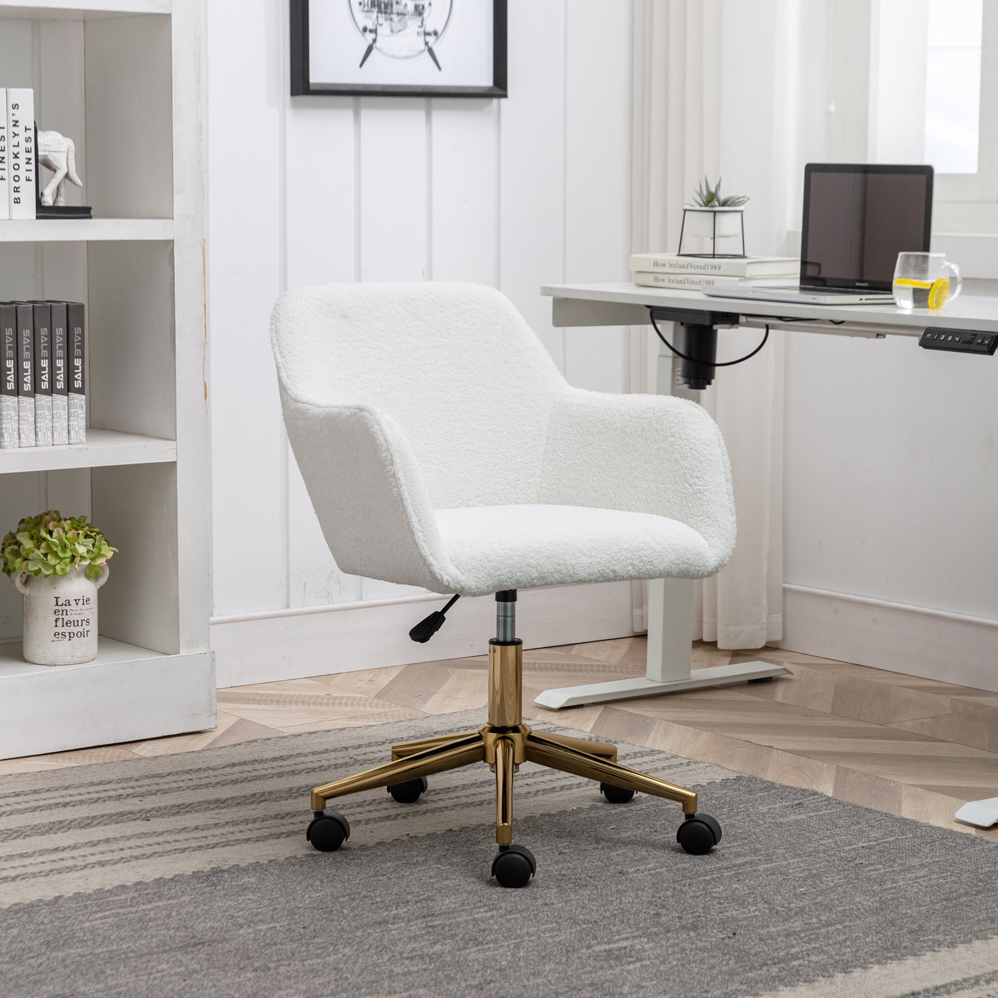 Modern Home Office Chair with Adjustable Height and Gold Metal Legs, White Teddy Fabric