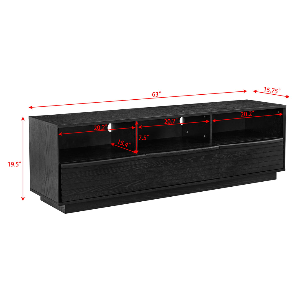 63' Mid-Century Modern TV Stand for TVs up to 75', Thick Sturdy Farmhouse Entertainment Cabinet, Media Console for Living Room, Louver Design & Solid Wood Drawers & Outlet Holes, Black