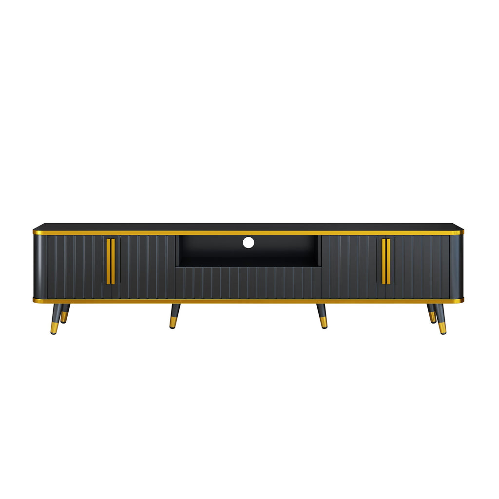 ON-TREND Luxury Minimalism TV Stand with Open Storage Shelf for TVs Up to 85', Entertainment Center with Cabinets and Drawers, Practical Media Console with Unique Legs for Living Room, Black