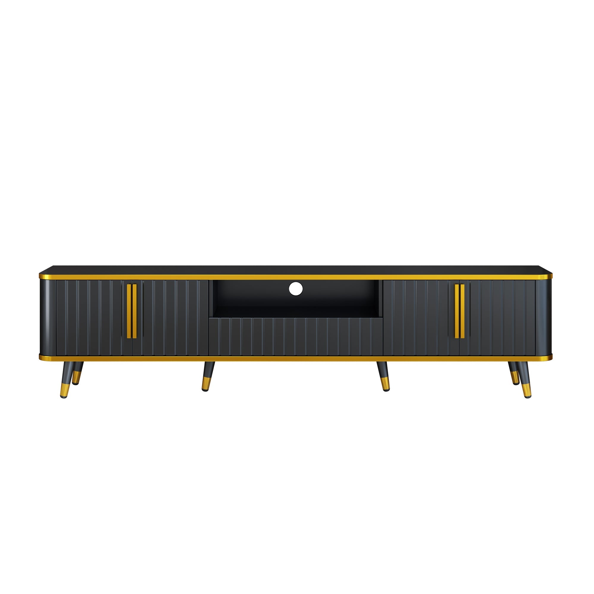 ON-TREND Luxury Minimalism TV Stand with Open Storage Shelf for TVs Up to 85', Entertainment Center with Cabinets and Drawers, Practical Media Console with Unique Legs for Living Room, Black