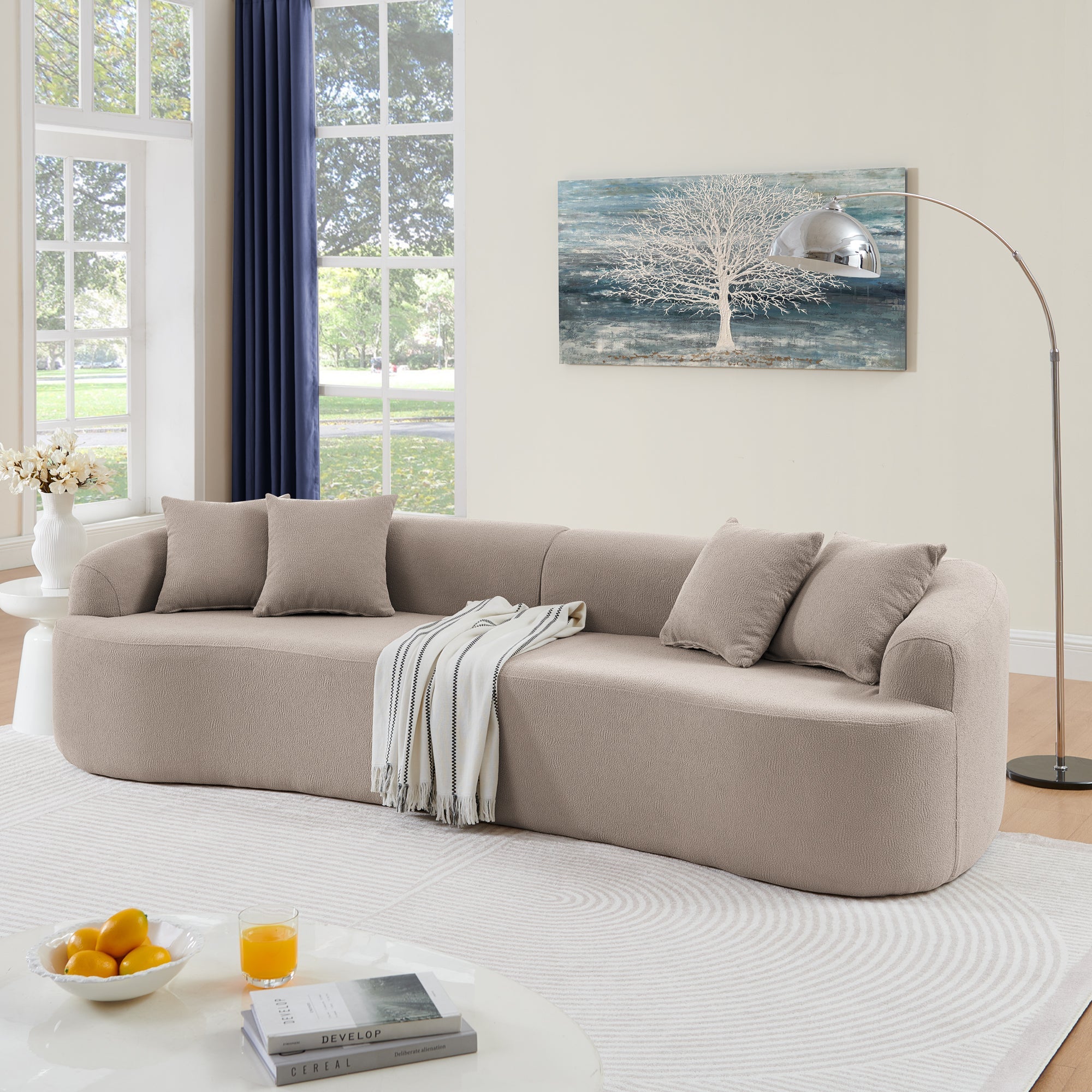 Curved Modular Sectional Sofa in Lamb's Wool Fabric, Modern Minimalist Style, Compressed (No Assembly Required), Comfy for Living Room & Bedroom - Brown